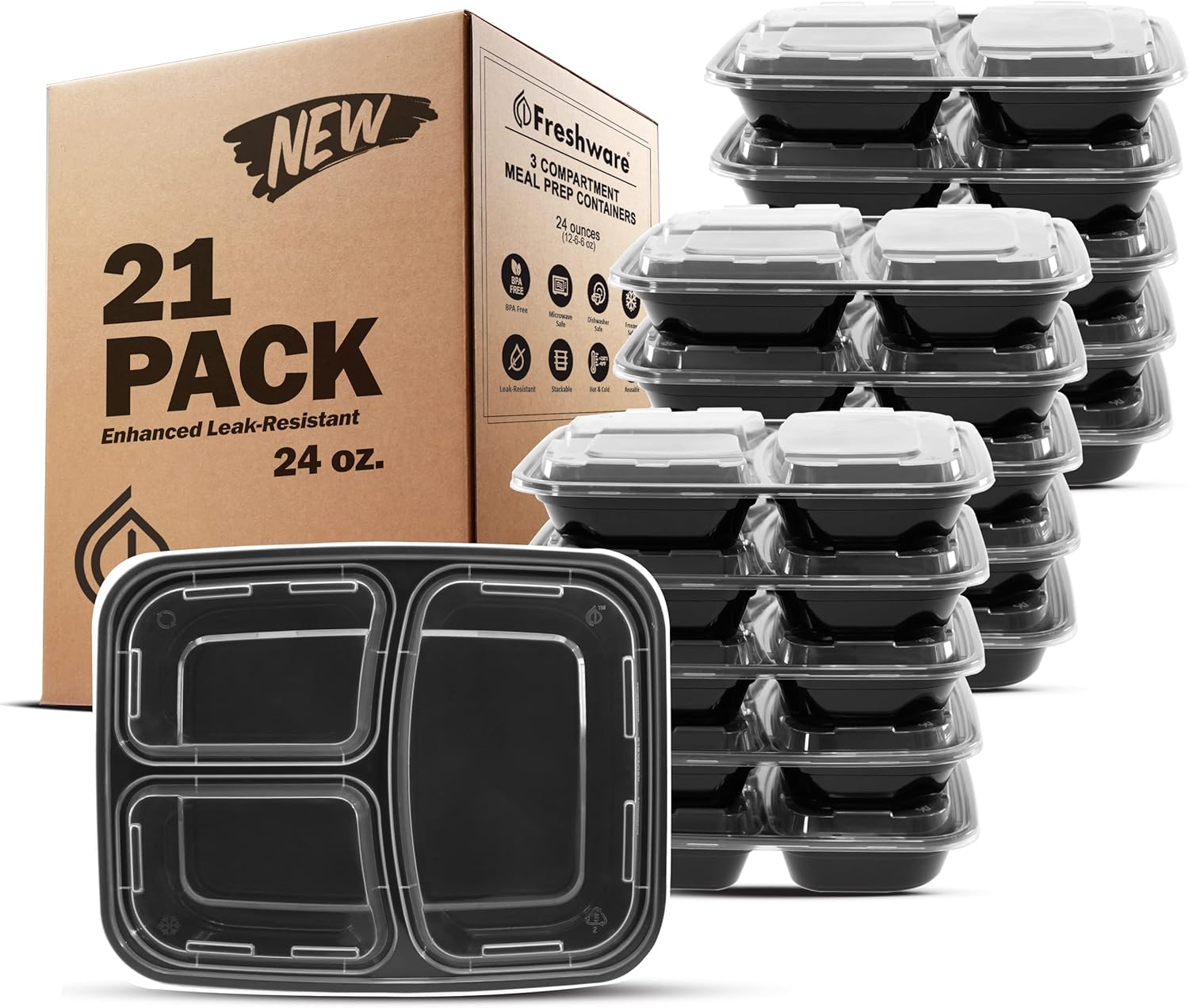 Freshware Meal Prep Containers [150 Pack] 3 Compartment with Lids, Food Storage Containers, Bento Box, BPA Free, Stackable, Microwave/Dishwasher/Freezer Safe (24 Oz)