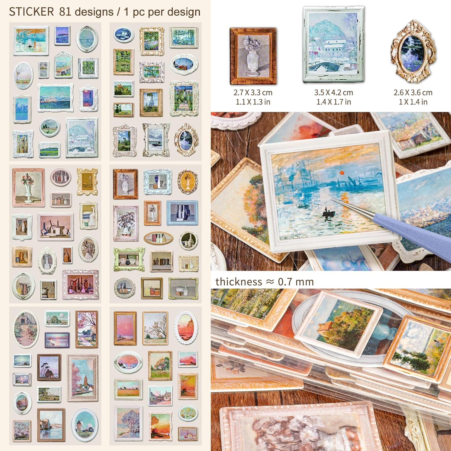 3 Packs Retro Scrapbooking Supply Stereoscopic Sticker Vintage Oil Painting Decoration Aesthetic Paper Classic Decoupage Thick Hard Cardboard for Card Making Journal Art and Craft (Mona) image number 4