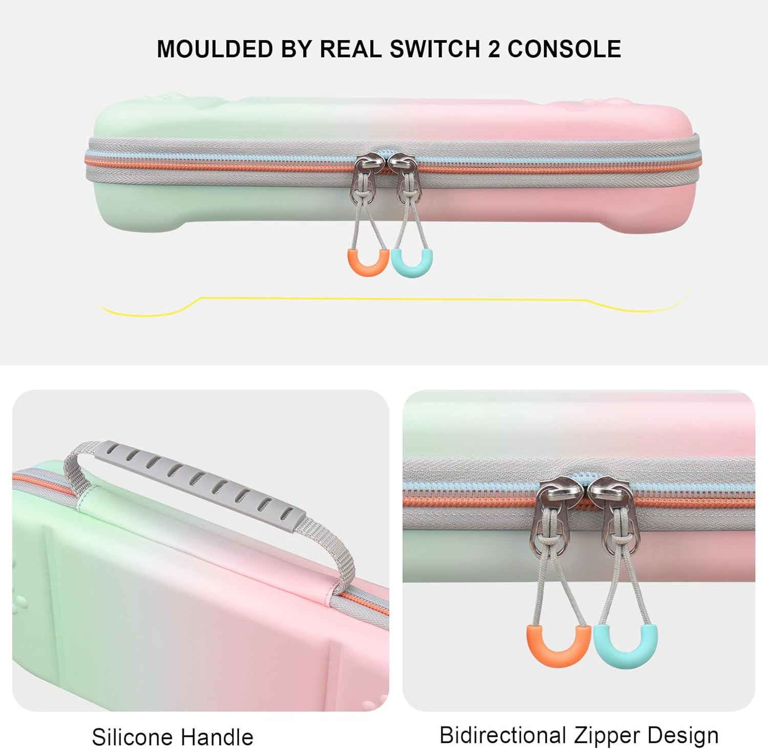 Elonbo Carrying Case for Nintendo Switch 2 (2025), Switch 2 Games Controller Grip Hard Travel Bag, Game Player Organizer Holder, Mesh Pocket Fits Joy-Con Cables Games Cartridges, Pink-Green image number 4