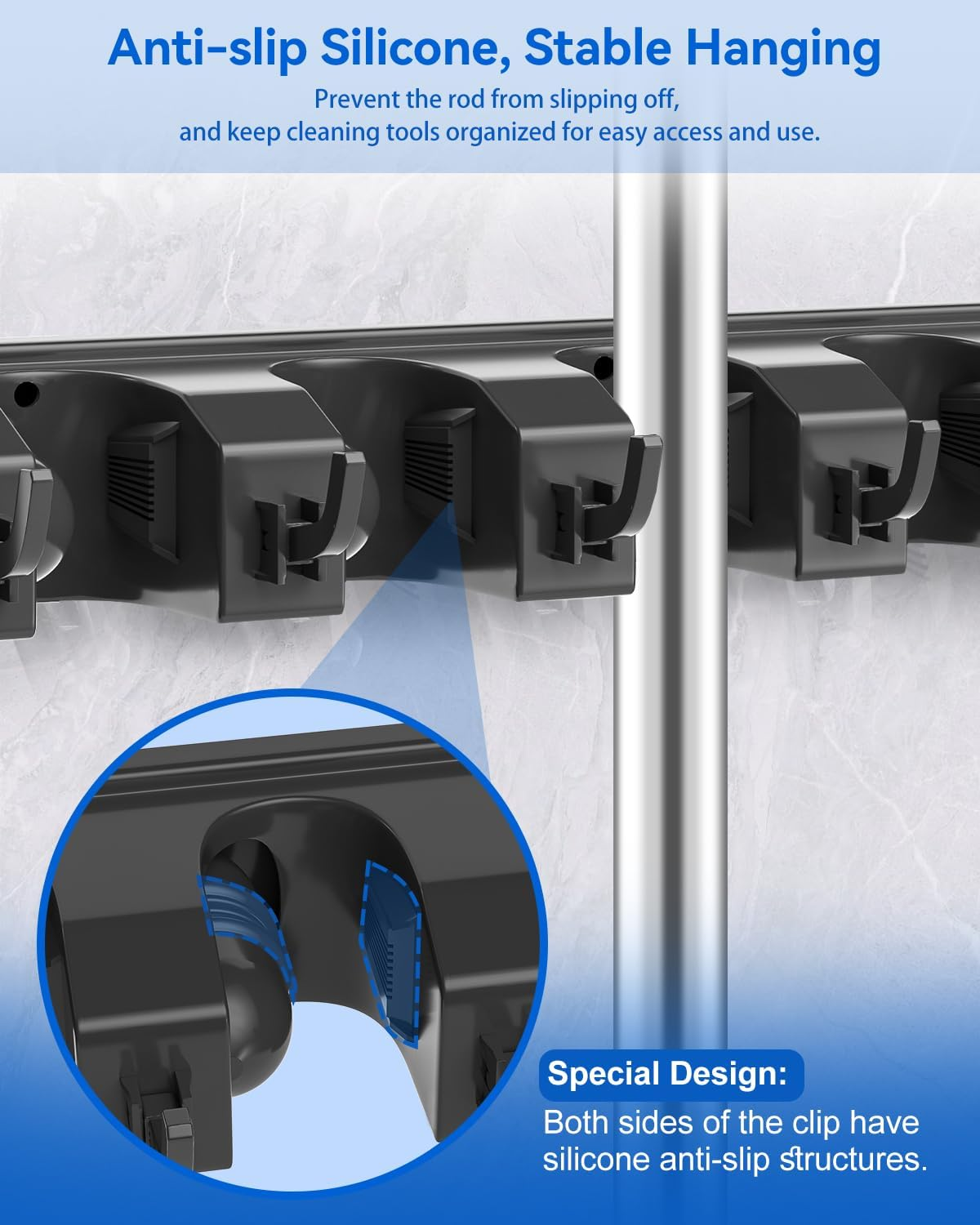 Acemining Broom Holder Wall Mounted, 2 Pack 5 Holders and 6 Hooks Mop Holder, ABS Plastic Brush Holder, Thick and Durable Mop Wall Holder Black image number 6