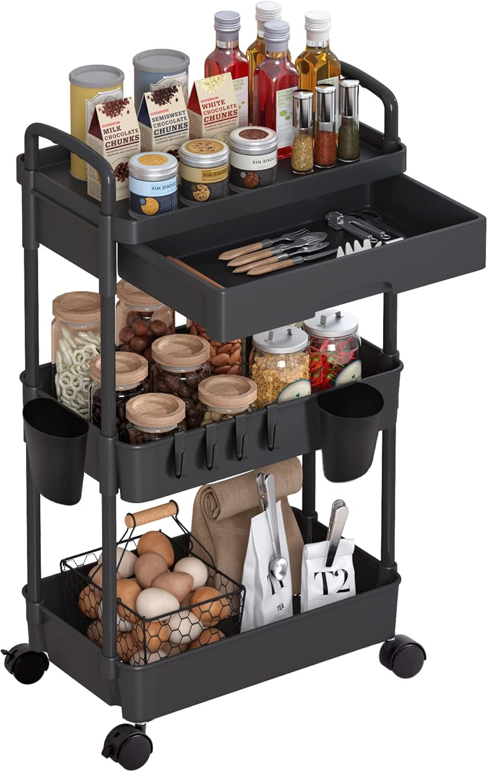 FORYUSE 3 Tier Rolling Utility Cart with Drawer Detachable Storage Organiser Shelf Trolley with Lockable Wheels, Handle, Hooks, Hanging Cups for Bathroom Kitchen Black image number 4