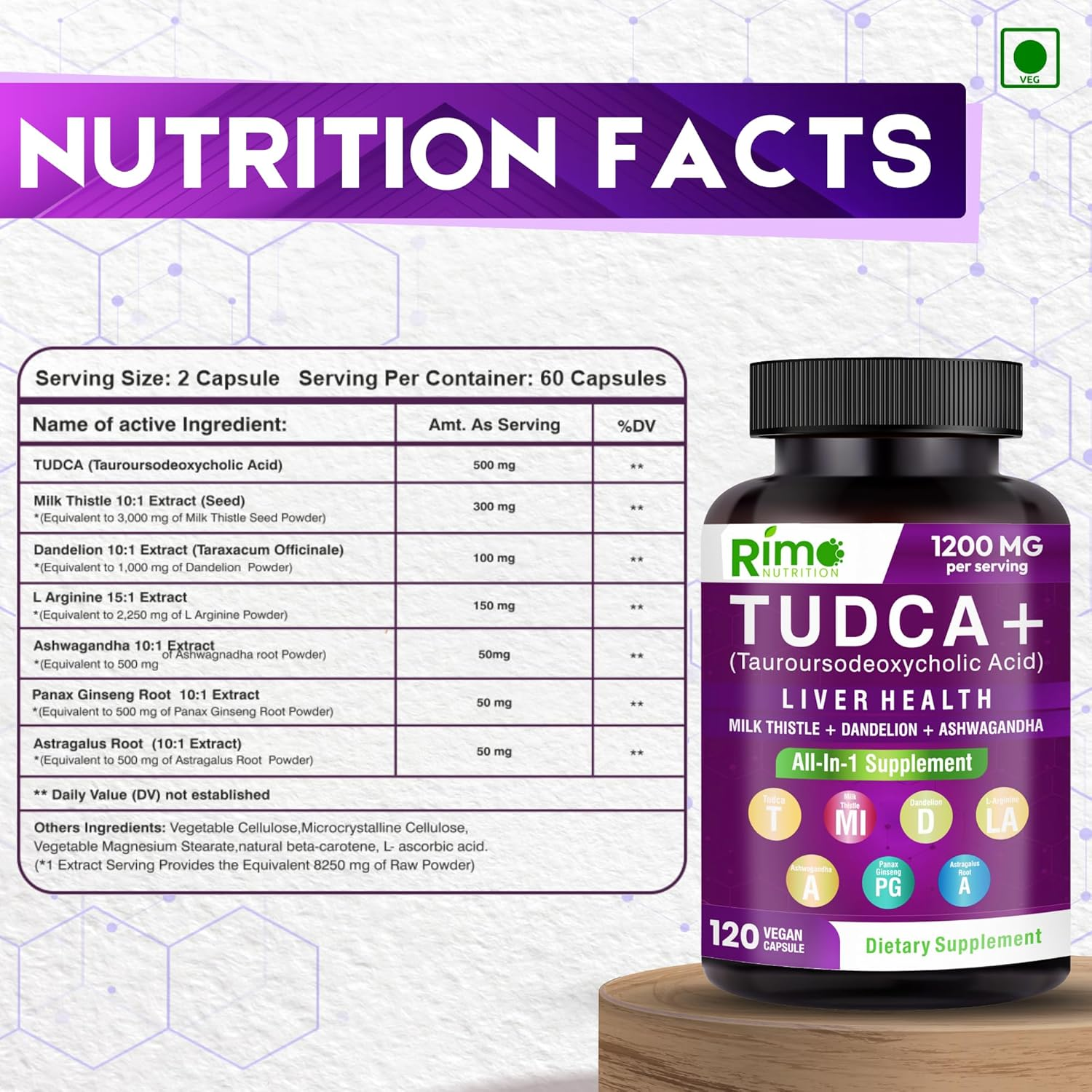 Rimo Nutrition Tudca - Liver Support Supplement with Milk Thistle, Dandelion. L Arginine, Ashwagandha, Panax Ginseng Root, Astragalus Root 1200 Mg per Serving 120 Capsules image number 2