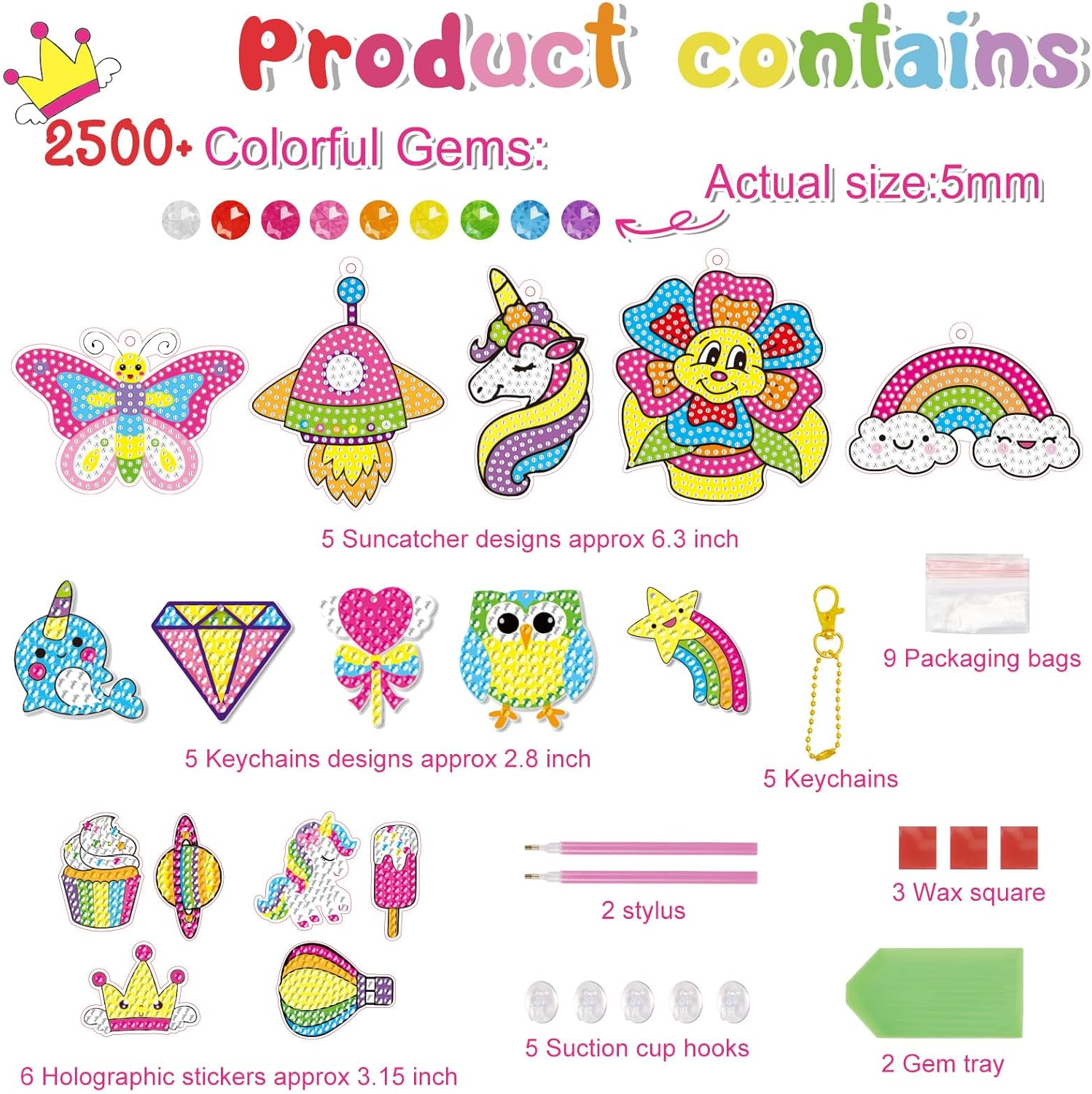 BANBBUR 16 Pcs Gem Art Kit for Kids Age 4-8, 8-12 - 5D Gem Diamond Art with 5 Suncatchers/5 Keychains/6 Magical Stickers - Painting Crafts for Christmas image number 2