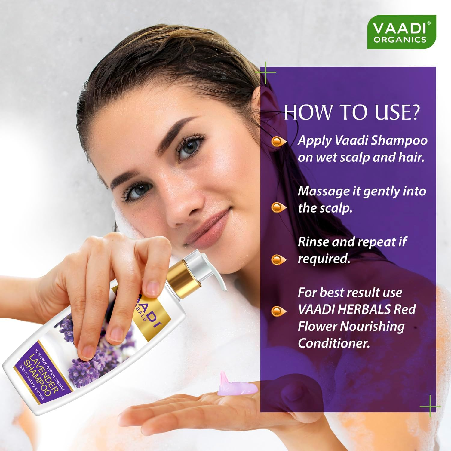 Vaadi Herbals Organic Shampoo Lavender Shampoo with Rosemary Extract-Intensive Repair System - ANTI-DANDRUFF SHAMPOO - Hair Fall and Damage Control Shampoo - All Natural Herbal Shampoo - Paraben Free - Sulfate Free - Scalp Therapy - Moisture Therapy - All Hair Types - 350 Ml image number 2