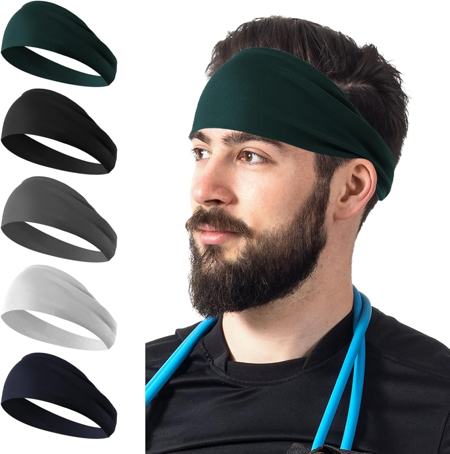 5 Pack Sports Headbands for Men, Moisture Wicking Workout Headband, Mens Sweatband Sports Headband for Running, Cycling, Basketball, Yoga, Fitness Workout Stretchy Unisex Hairband (5 Color) image number 6