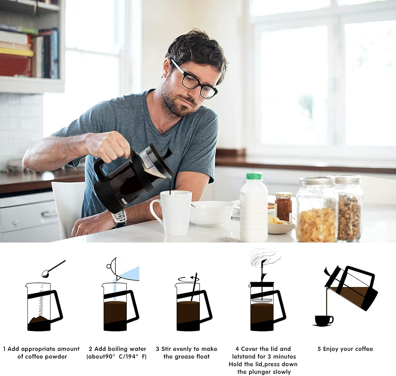 Yiimo French Press Coffee Maker, 34 Oz Large Glass Pitcher 4 Level Filter System Caf&eacute; Carafe Teapot plus Stainless Coffee Spoon N Cleaner Brush for Hot Cold Brew image number 6