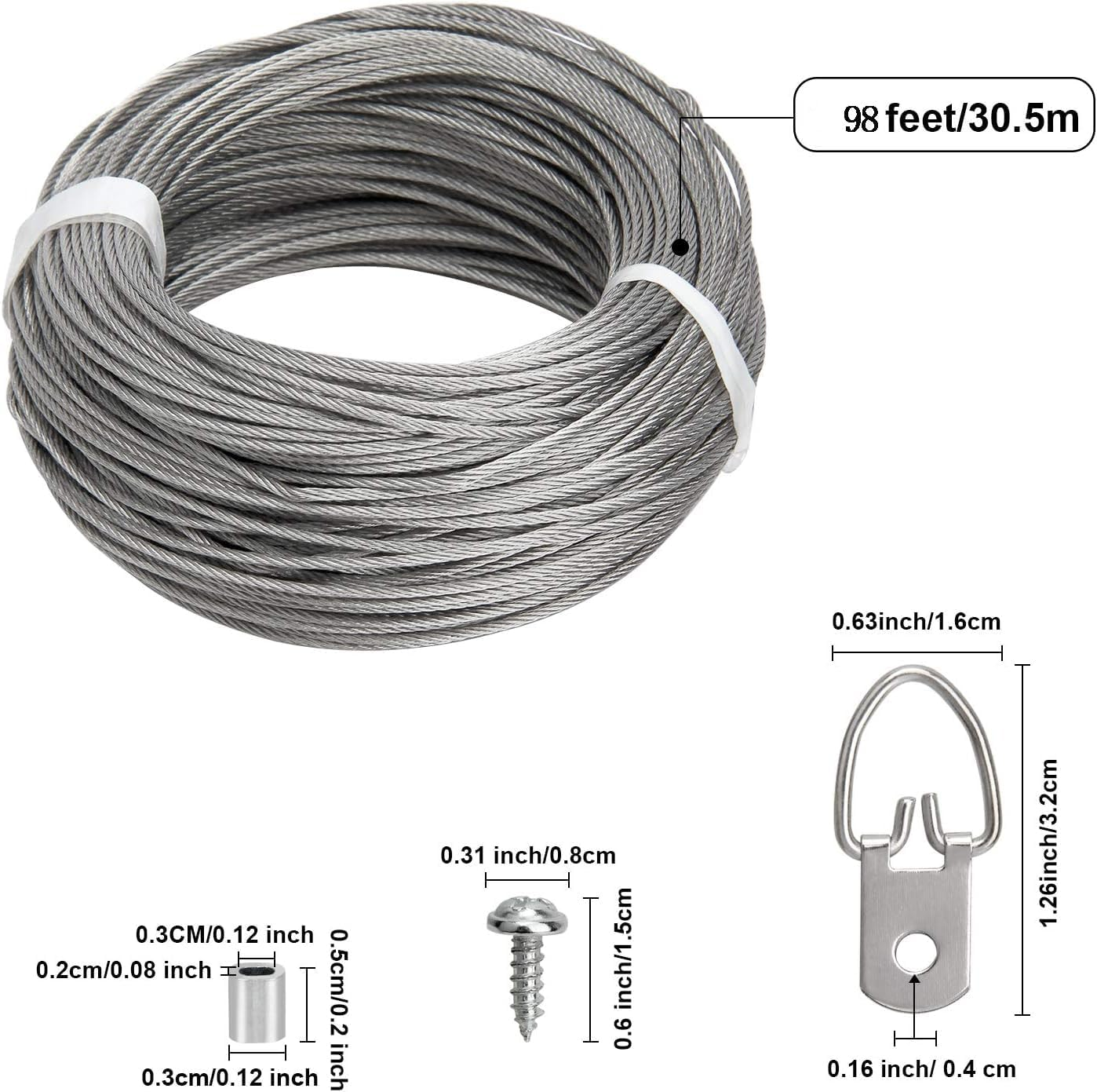 WEZCHUGHAOL 131Pcs Picture Hanging Kit - 98 Feet Stainless Steel Hanging Wire, 40 Pcs D Ring Picture Hangers with 40 Pcs Screws and 50 Pcs Aluminum Crimping Loop Sleeve for Hanging Paintings Photos