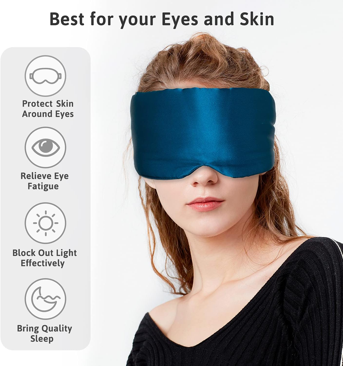 Silk Sleep Mask for Women Men, Mulberry Silk Eye Sleeping Mask & Blindfold with Adjustable Velcro Strap, Blackout Eye Cover for Sleep Travel Yoga Nap, Large Size, Peacock Blue image number 1