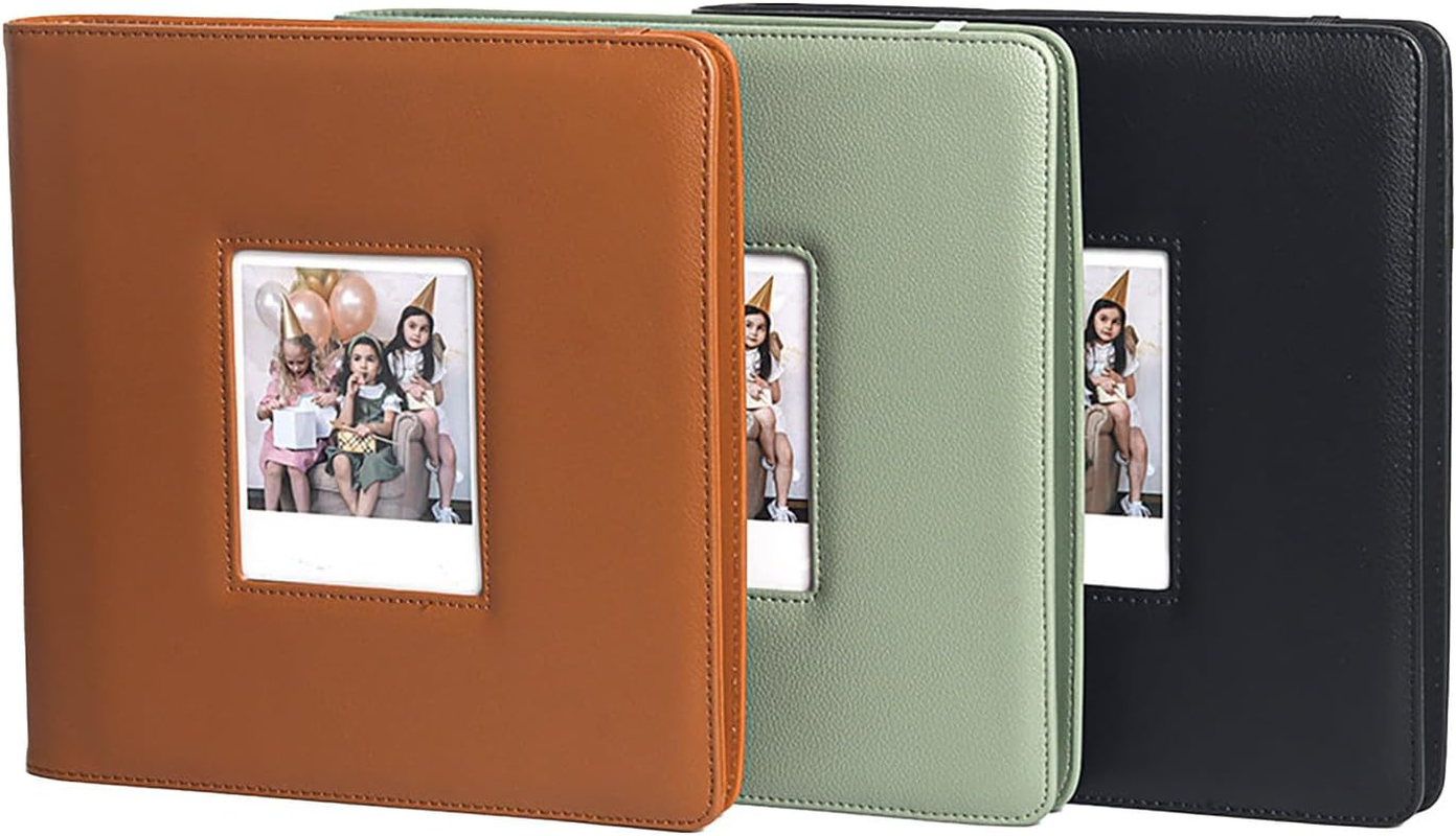 LIFEBEA Large Photo Album 288 Pockets - Holds Polaroid I-Type 600 SX70 & Fujifilm Wide Photos (Up to 9X11Cm) - PU Leather Cover with Photo Window & Strap Closure (Brown) - Green image number 3