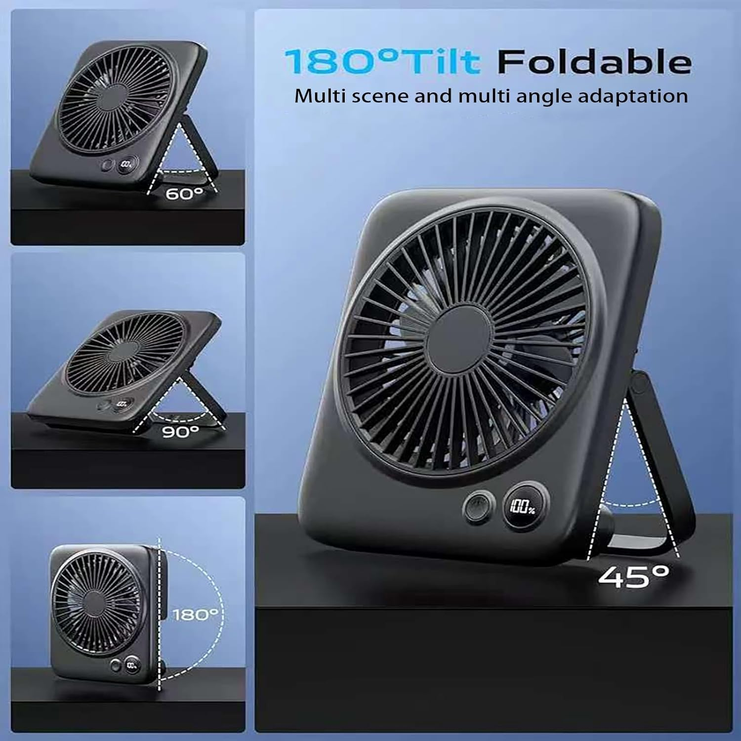Portable Desk Fan with Digital Display - Quiet Desktop Fan 4-Speed Adjustable Airflow, 4000Mah Rechargeable USB Fans, Type-C Charging Port, Ideal for Home, Office, Travel and RV, Black image number 5