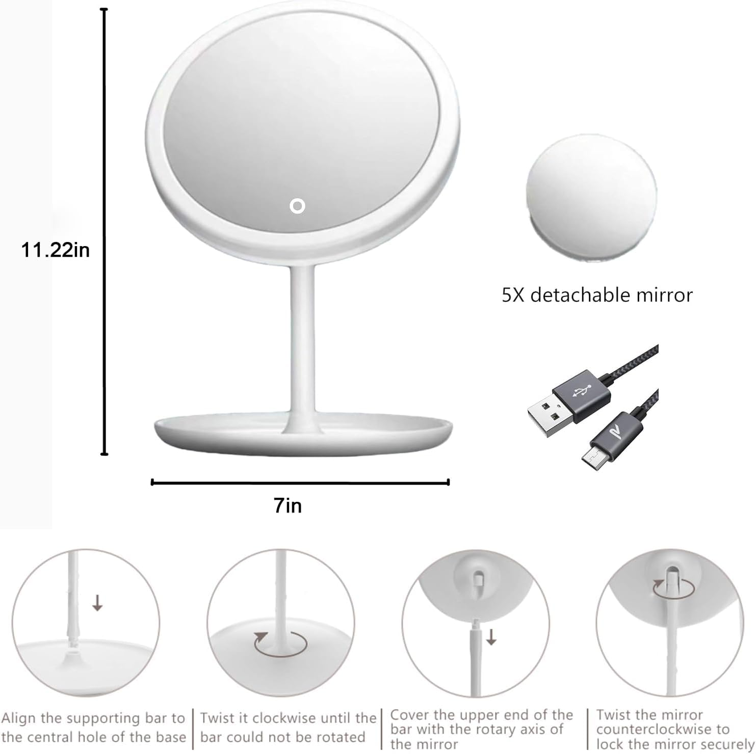 Mirror Makeup Mirror with 3 Light Modes - Led Mirror Makeup with Compact 5X Magnifying Mirror, Make up Mirror with Light, Light up Makeup Mirror, Rechargeable Lighted Makeup Mirror image number 5