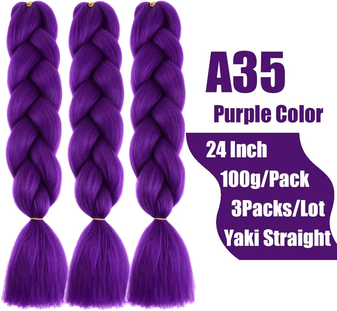 Kanekalon Jumbo Braids Hair Extensions Synthetic Fiber for DIY Box Braiding Hair 3 Packs 61 CM 24 Inch A35 Purple Color image number 4