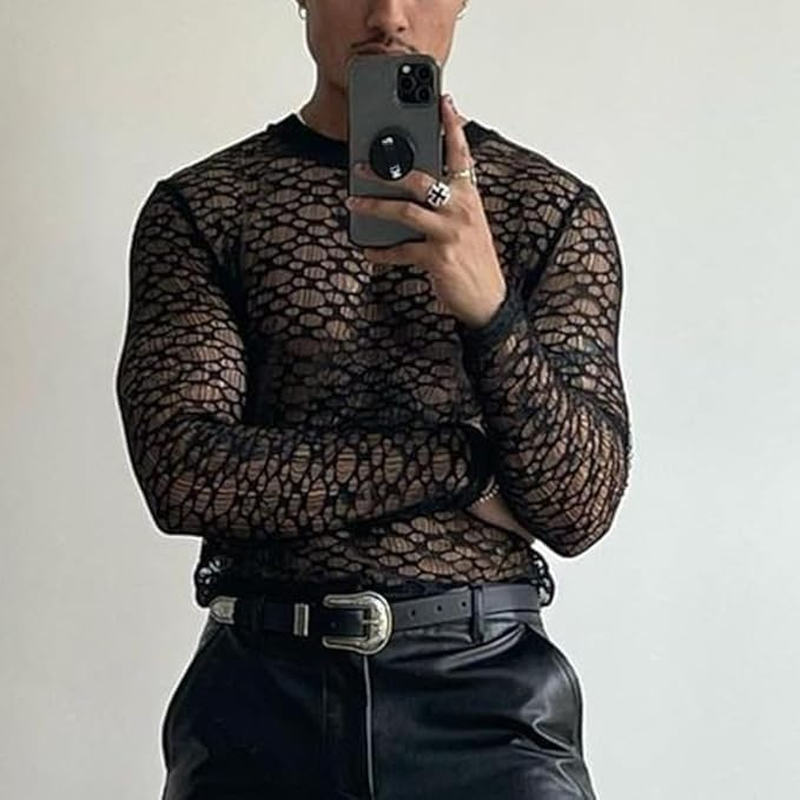 Men'S T-Shirt Sexy Costume Mesh Semi See through Long Sleeve Base Layer Lace Hollow Top
