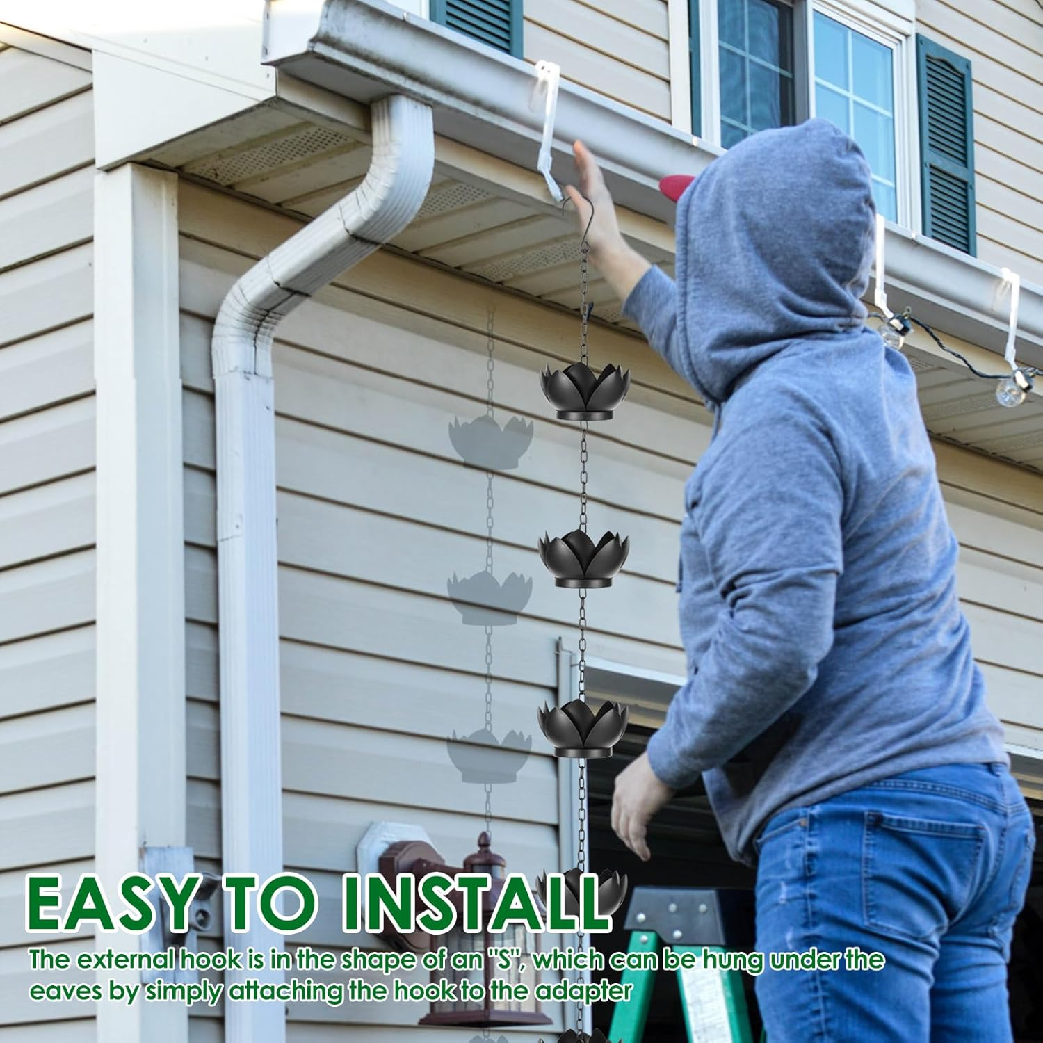 Rdjeokf Metal Rain Chain Replacement, with S Hook Adjustable Length, Imitation Water Lily Rain Chain, Premium Rain Chains for Gutters image number 2