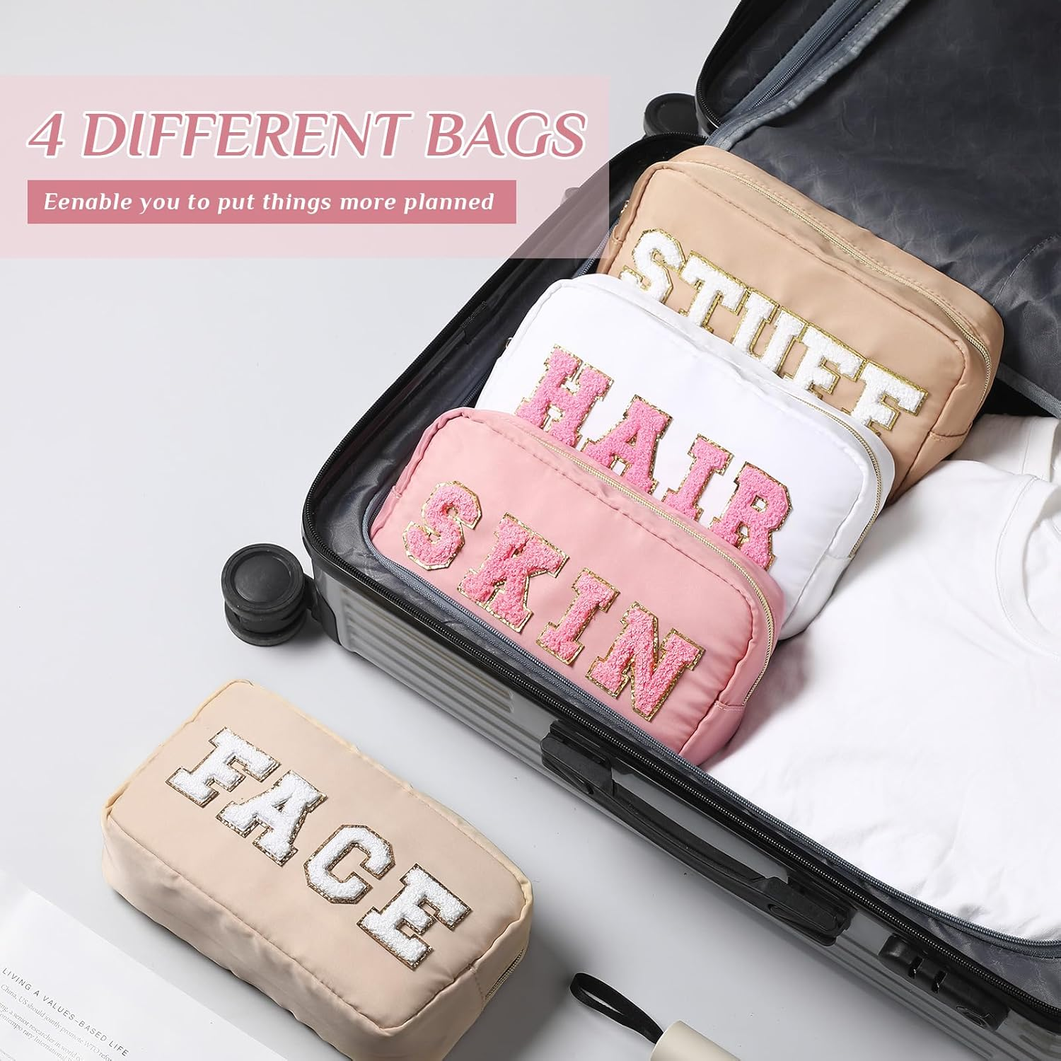 Remerry 4 Pcs Nylon Cosmetic Bag Travel Organizer Chenille Letter Makeup Pouch Zipper Preppy Waterproof Hair Bag Toiletry Pouch for Women Girls(Light Brown, Beige, Light Pink, White) - Colorful image number 5