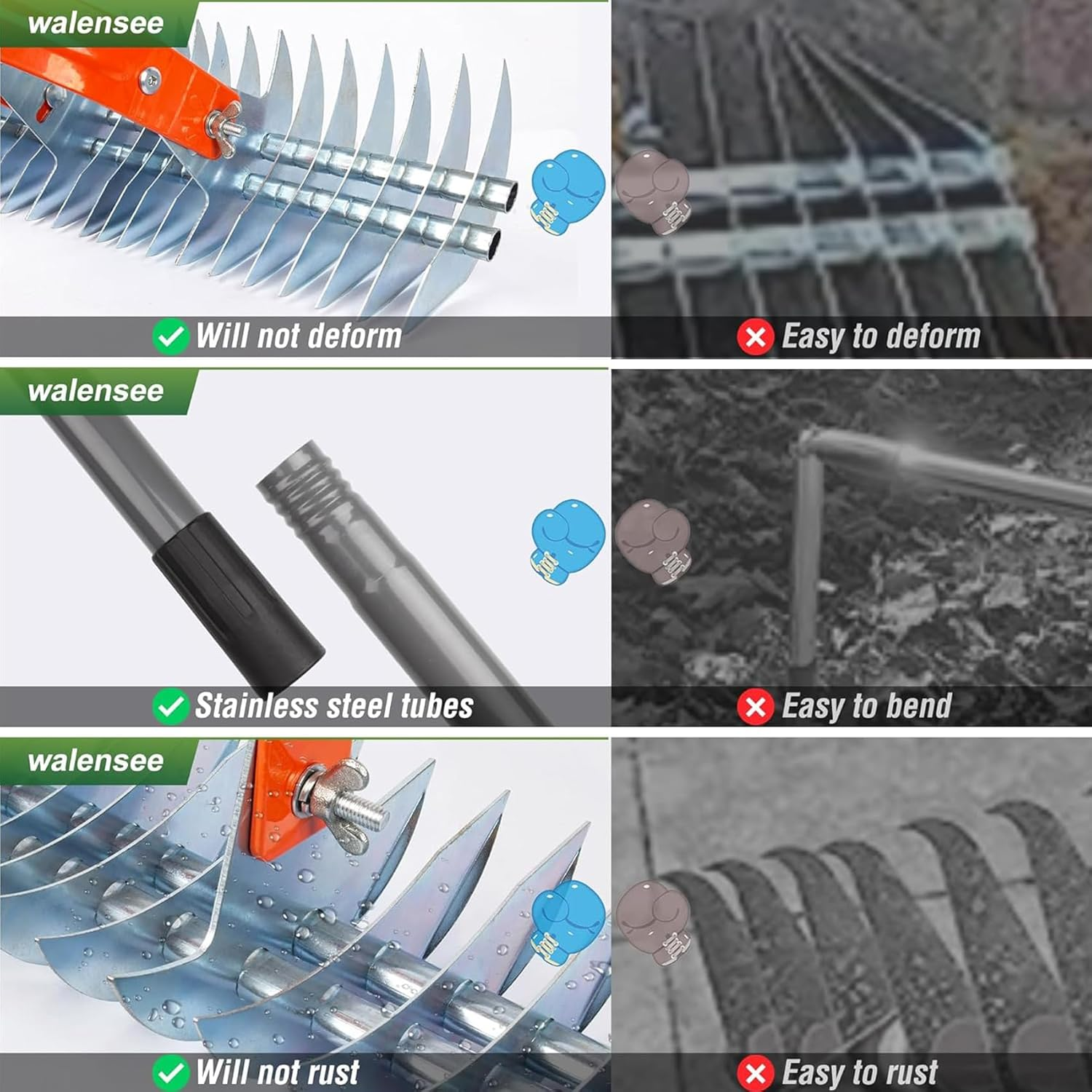 Thatch Yard Rake, Lawn Steel Metal Garden Thatching with Handle, Grooming Dethatcher for Cleaning Dead Grass, 38*178Cm image number 6