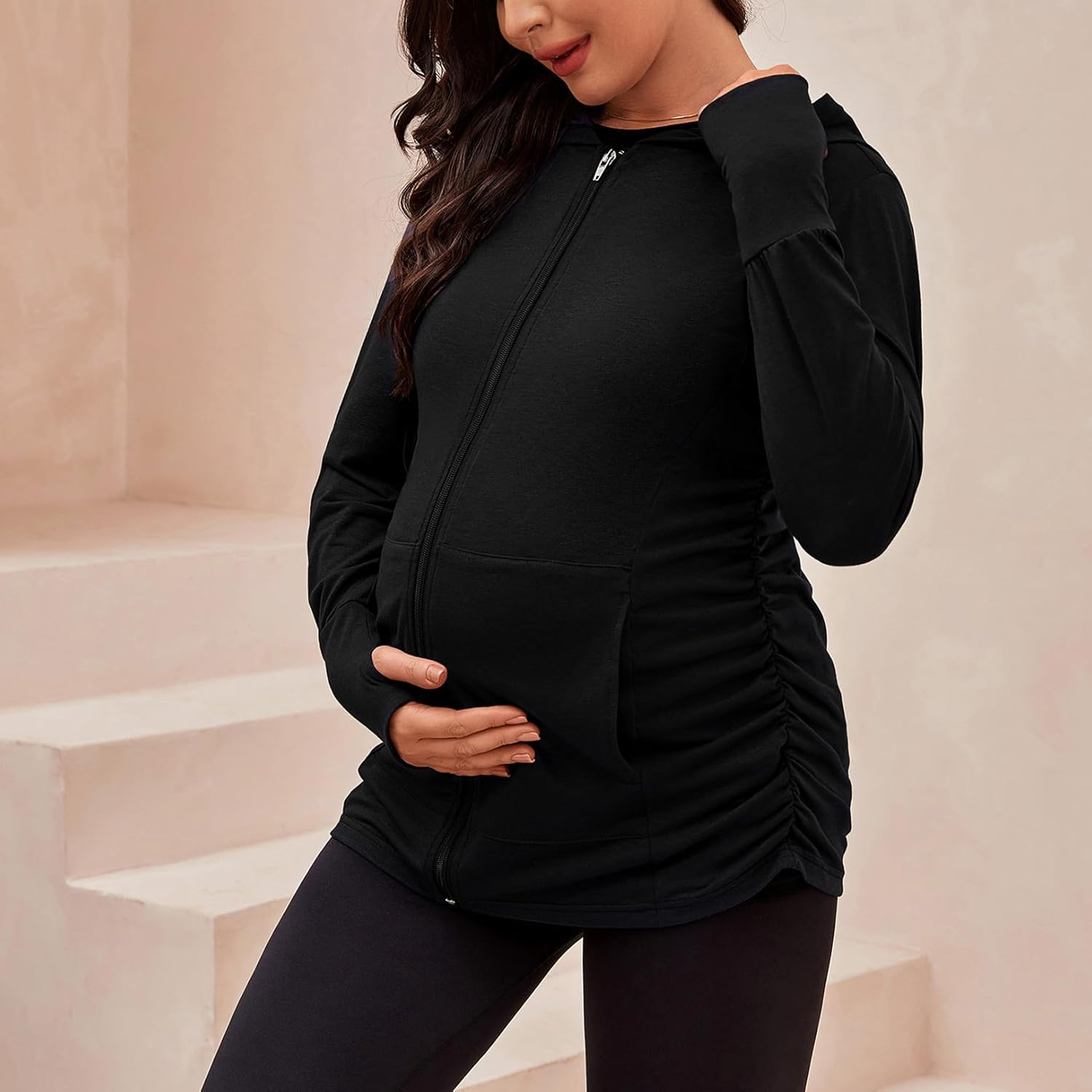 DEBELLY Maternity Sweatshirts Long Sleeve Full Zip Hoodie Casual Pregnancy Women Jacket Top with Pockets,Thumb Hole,Side Ruch image number 6
