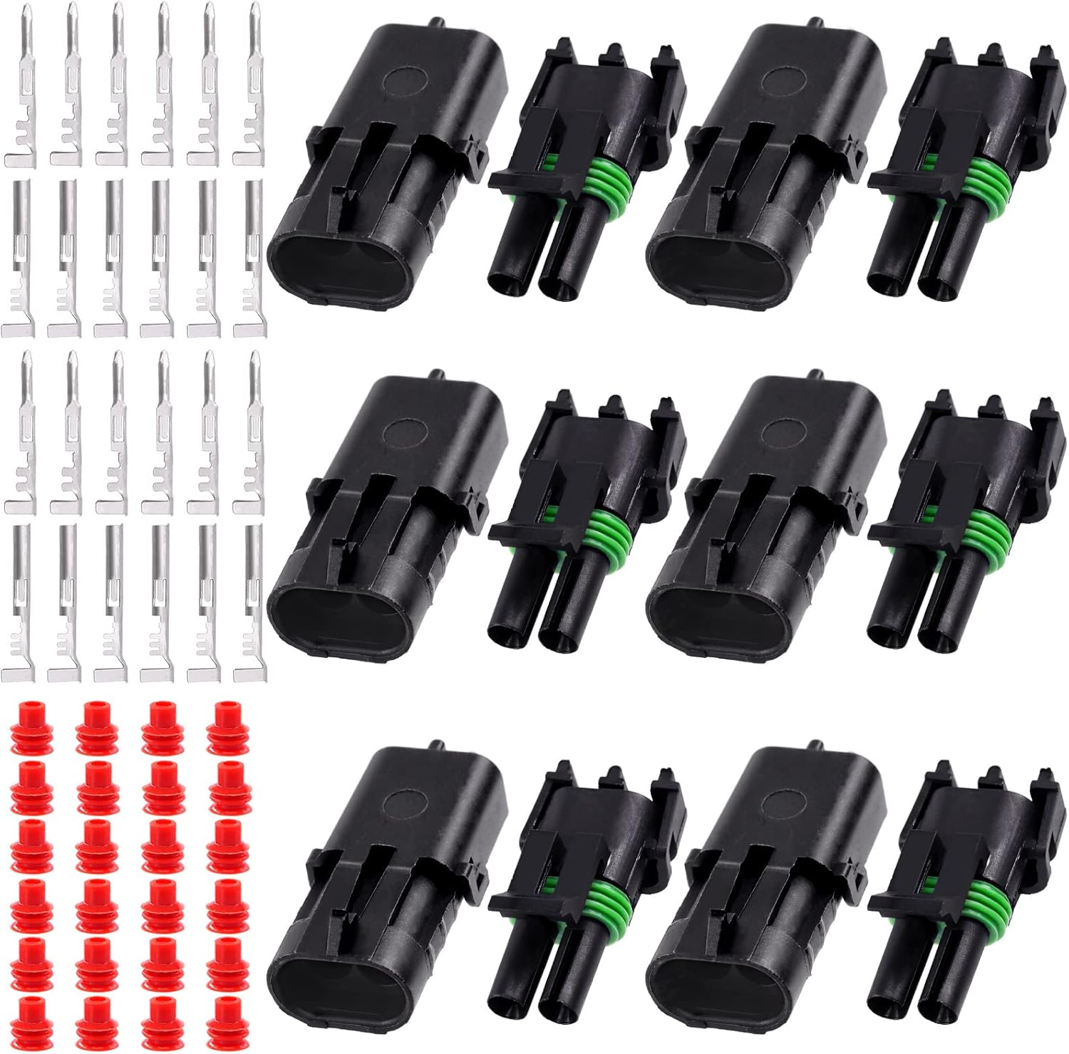 Swpeet 60Pcs 2Pin Male & Female Pin Waterproof Automotive Electrical Wire Connectors Terminals Plug with Rubber Cable Seal Assortment Kit, 22-14AWG Wire Harness Spark Plug Terminals Plug