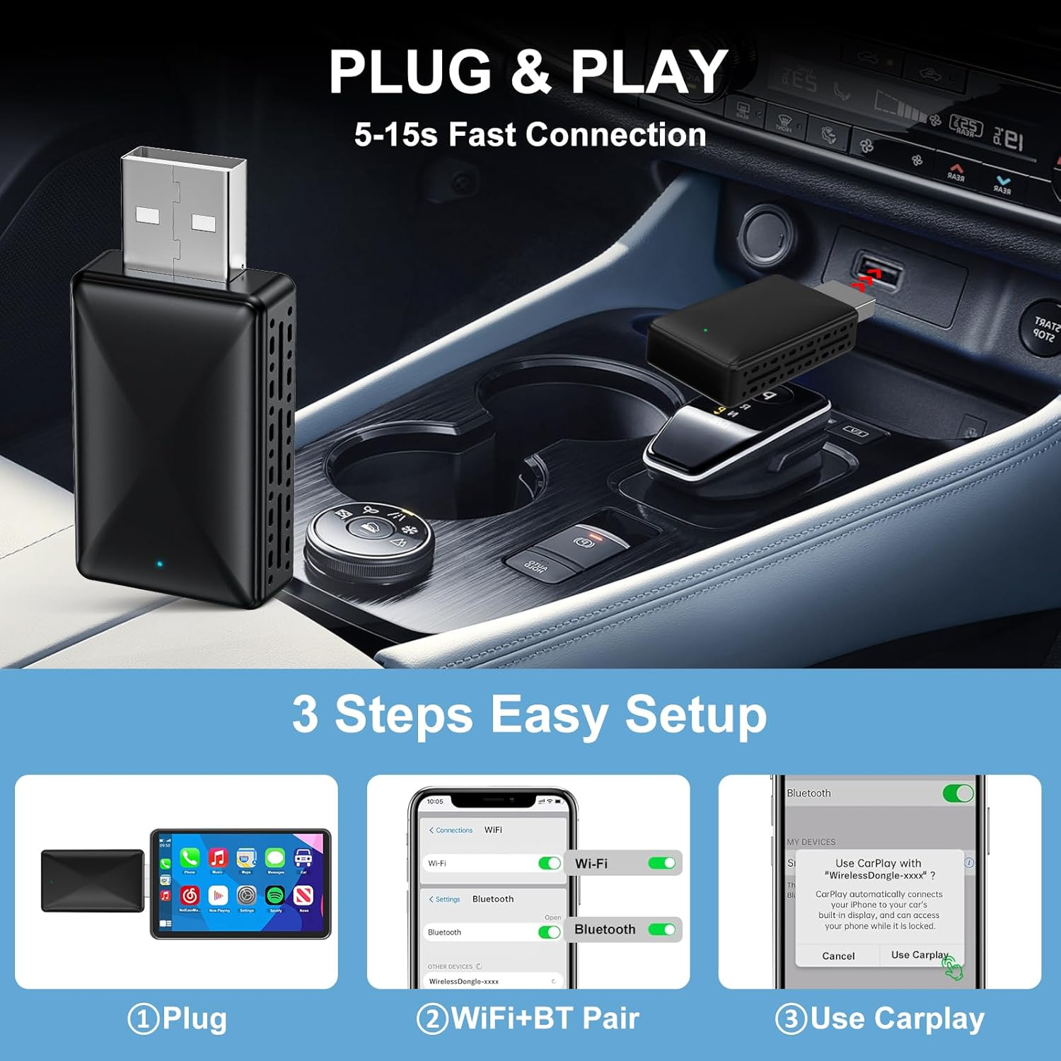 2 in 1 Wireless Carplay Adapter 2025 Fit for Cars 2016+ Factory Wired Carplay/Android Auto, Car Play Dongle Converts Wired to Wireless, Online Upgrade image number 2