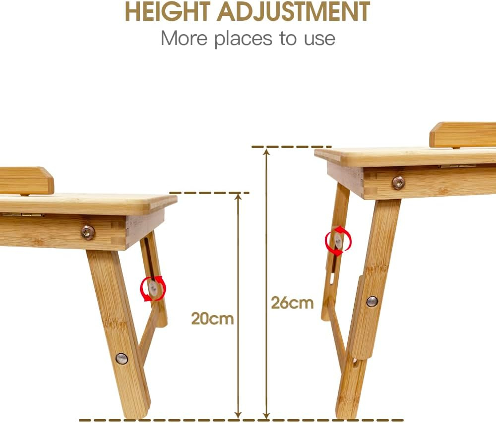 Portable Lap Desk, Clevinger Laptop Desk for Serving Bed Tray Breakfast Table, Bamboo Adjustable Height Angle Foldable Stand with Tablet Phone Slot Notebook Computer Work Study Reading Kids, 50X30Cm