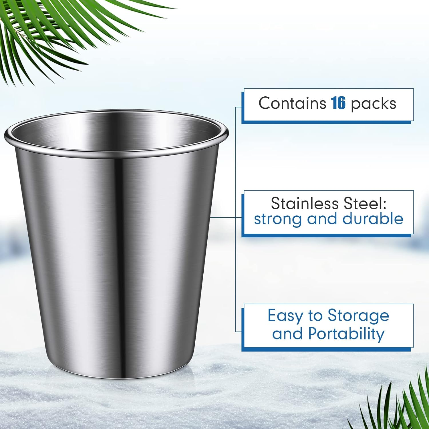 Baderke 16 Pack Stainless Steel Cups for Kids and Adult Pint Tumbler Metal Cups Stackable Tumbler Shatterproof Metal Drinking Glasses for Travel Outdoor Camping(10 Oz/ 300 Ml) image number 1