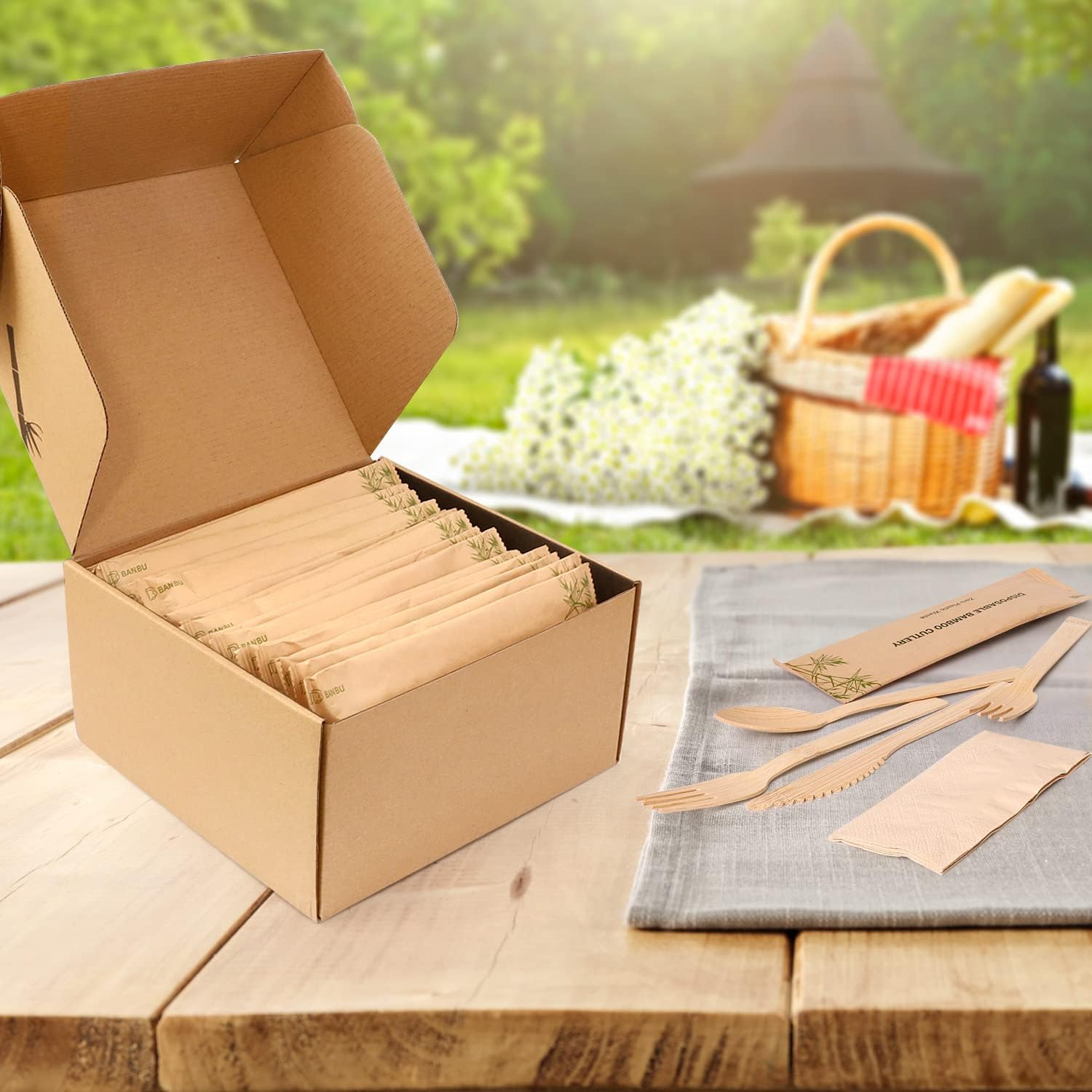 Bamboo Cutlery Set Napkins-58 Pack Individually Wrapped (6.7" 58 Spoons 58 Forks 58 Knives 58 Napkins) Disposable Travel Dinnerware Compostable Biodegradable Fork Knife Spoon and Napkin image number 2