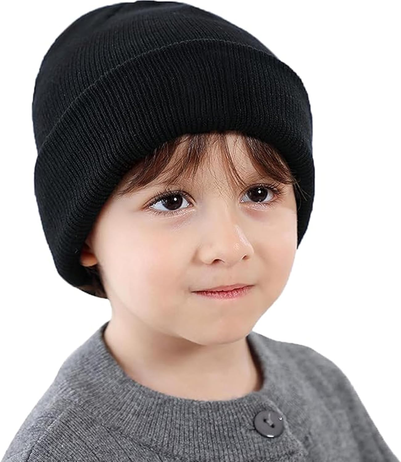 Fiohiros 2 Pack Kids Beanie, Baby Toddler Beanie, Warm Soft Stretchy Unisex Knit Winter Hat for Boys, Girls 3-17 Years - 2 Pack Black+Grey image number 5