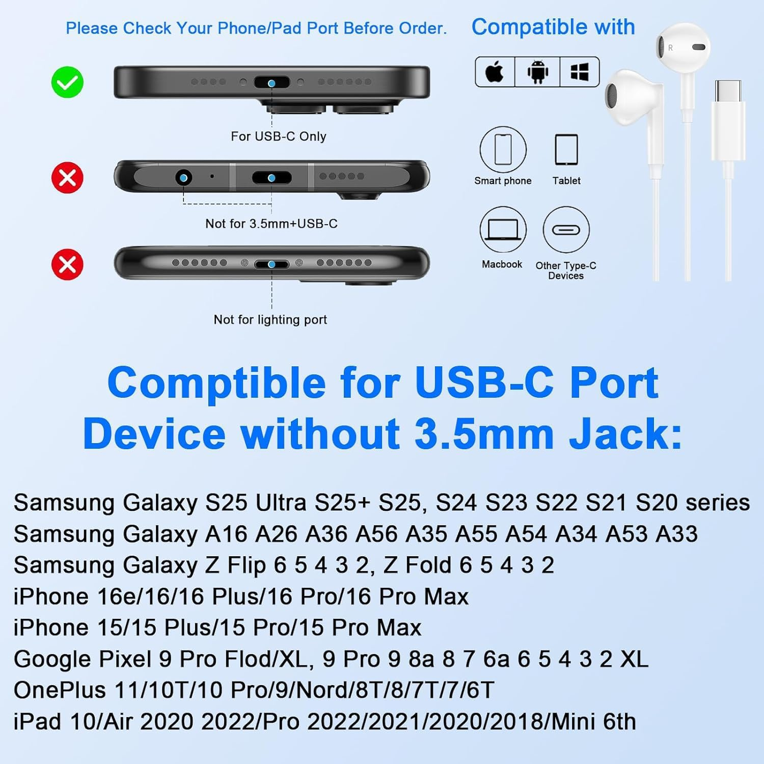 2 Packs USB C Wired Headphones for Iphone 16/15 Pro Max Plus, Type C Earbuds with Mic & Volume Control Nosie Reduction, Earphones Hifi Stere for Ipad Pro, Galaxy S23/S22/S21/S20/Ultra Note 10/20 image number 5