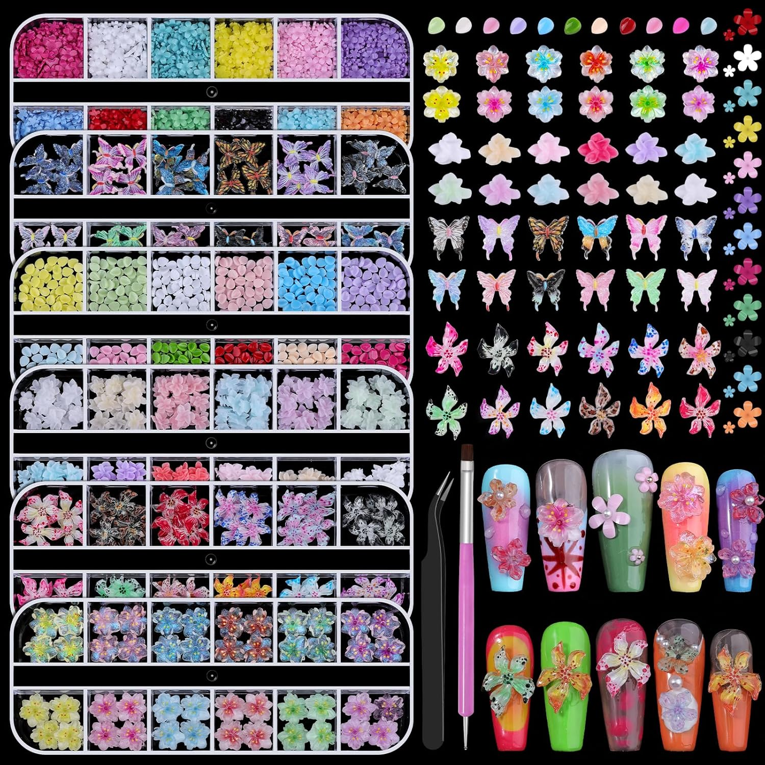 6 Boxes 3D Flower Nail Charms, Colorful Hibiscus Nails Ice Translucent Flower Nail Charms Cute Butterfly Petals Nail Gems with Pickup Tools for Nail Art Manicure DIY