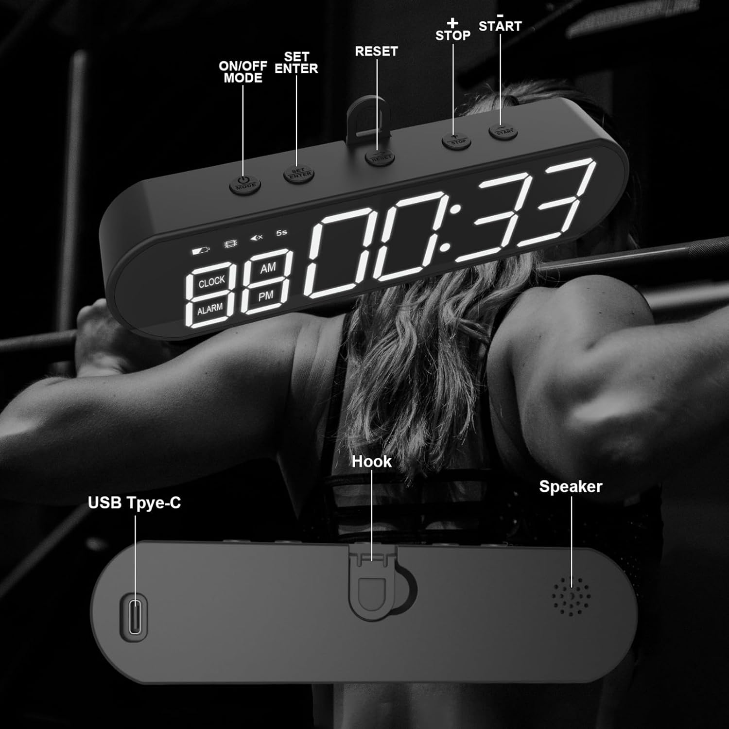 Portable Gym Timer, Digital Display Interval Timer for Workout, Multifunctional 1000Mah USB Fitness Clock, Count up by round for Home Gym Fitness Garage, Low Battery Reminder image number 4