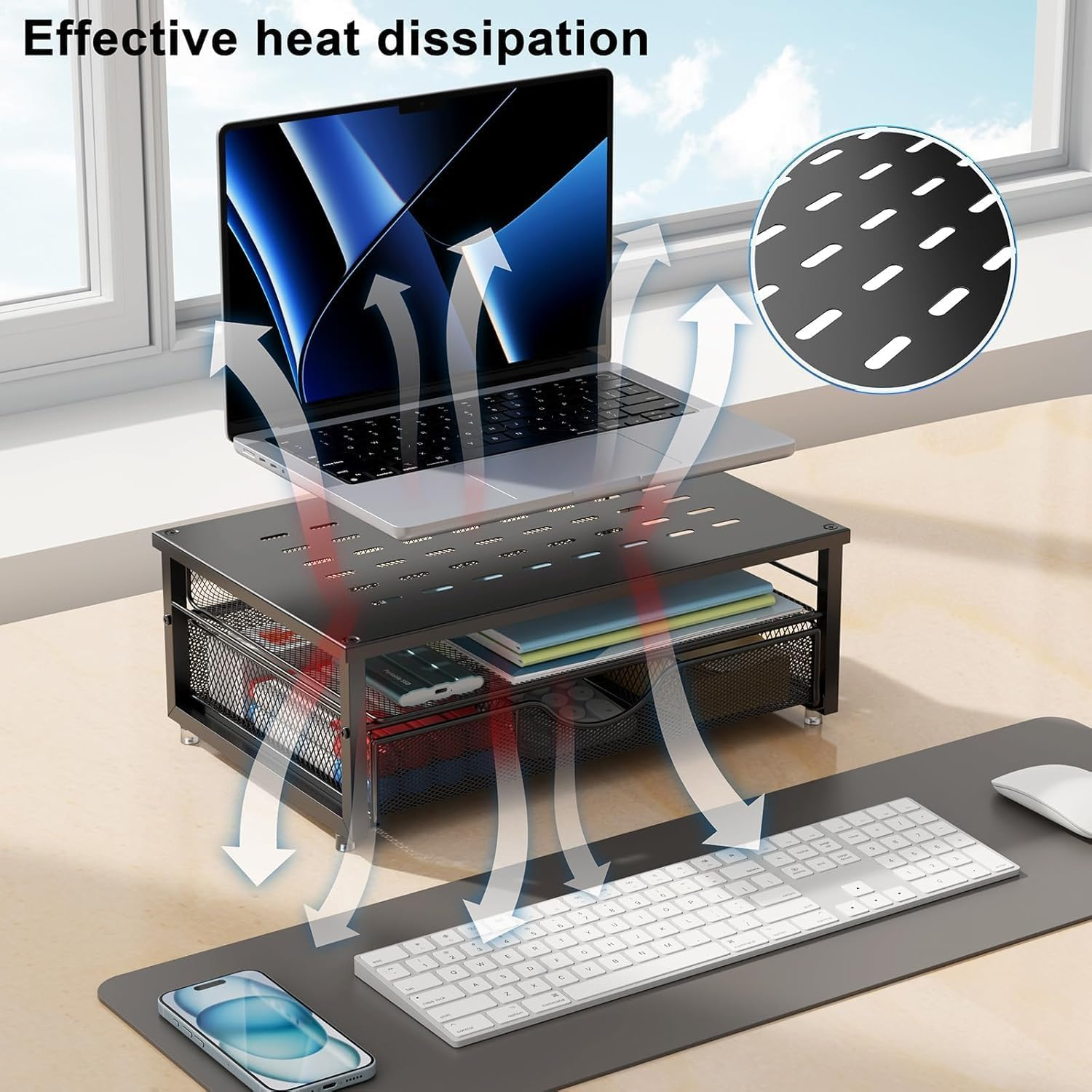 Computer Monitor Stand Riser, Desk Organizers and Accessories with Drawer, Office Desk Accessories & Workspace Desktop Organizers Storage for Printer Stand (Black) image number 5