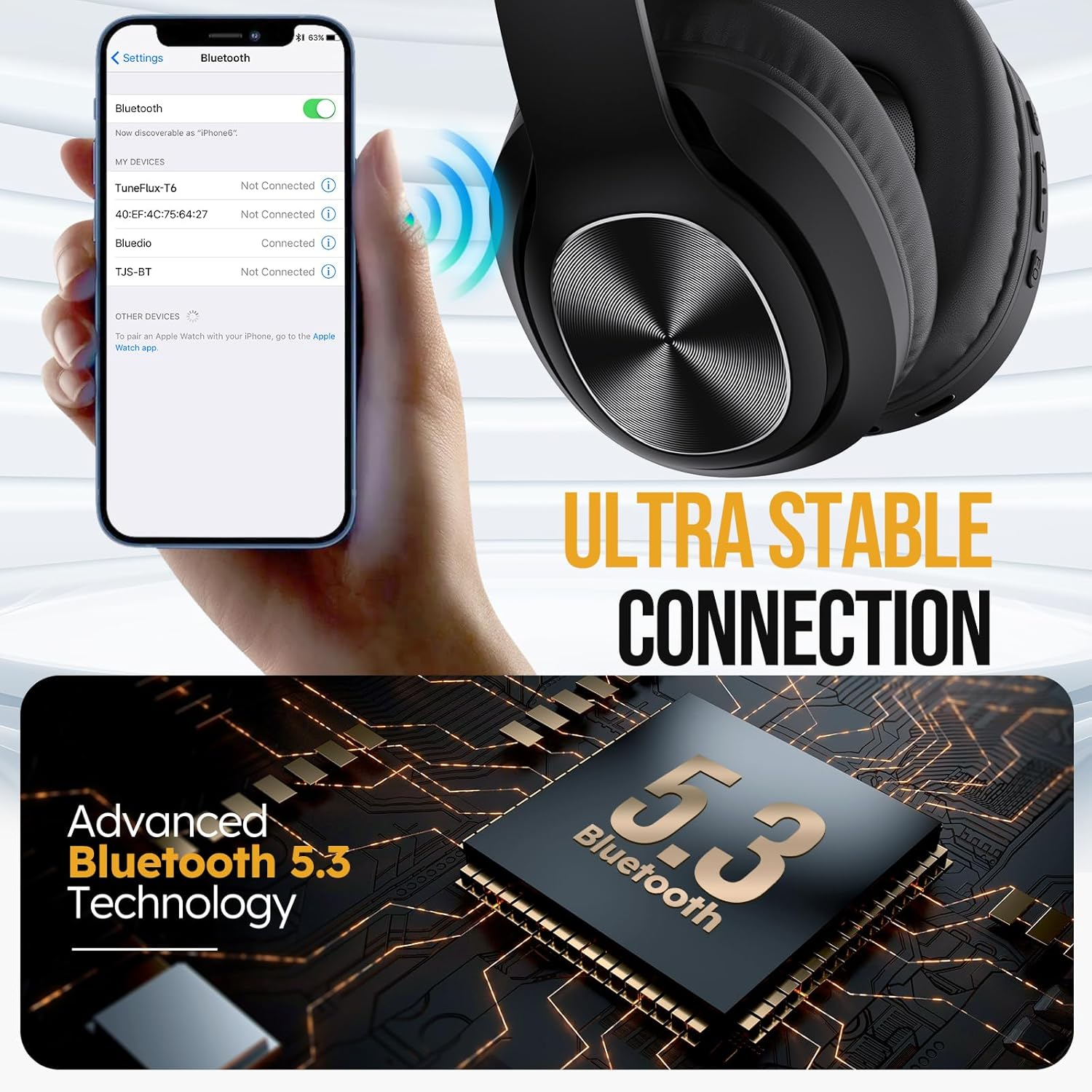 Tuneflux Bluetooth Headphones over Ear, 80 Hours Battery Life, Wireless Bluetooth Headphones with 3 EQ Modes, Hifi Stereo, Built-In Microphone, Foldable Wireless Headphones, Black image number 5