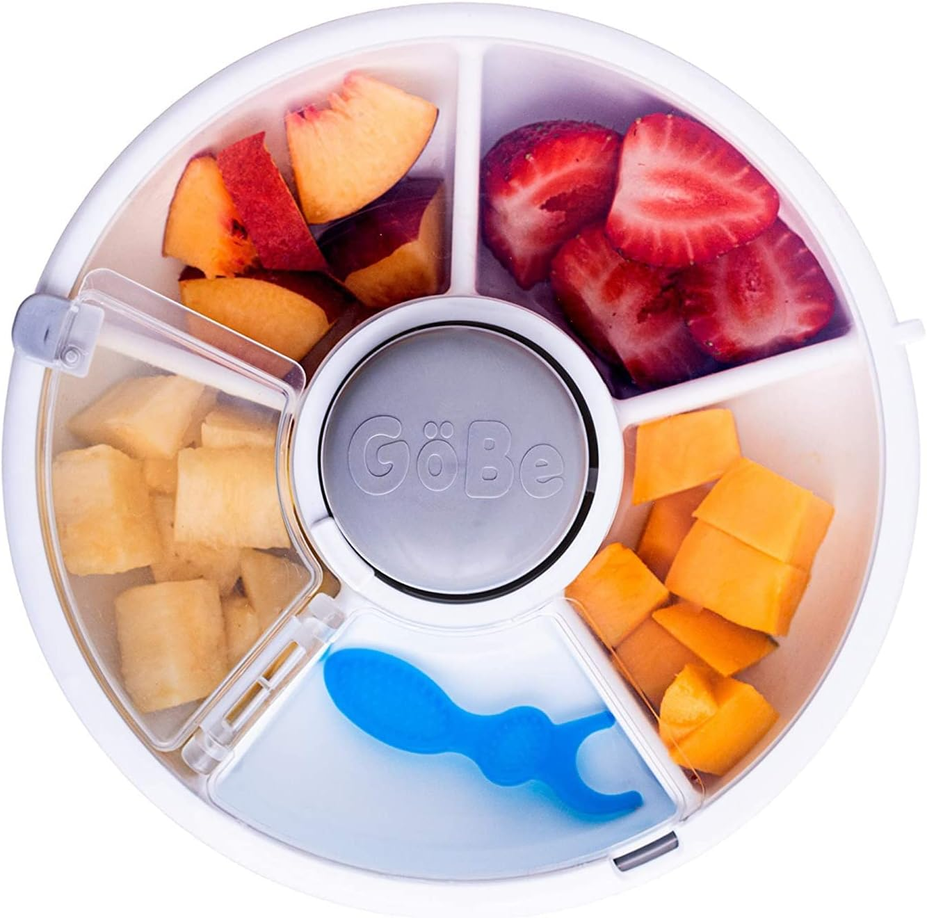 Gobe Kids Snack Spinner Bundle with Hand Strap and Sticker Sheet - Reusable Snack Container with 5 Compartment Dispenser and Lid | BPA and PVC Free | Dishwasher Safe | No Spill, Leakproof