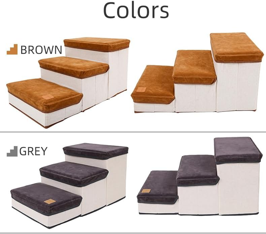 Foldable 3-Step Pet Stairs for Small Dogs & Cats - High-Density Ramp with Storage Box & Non-Slip Base, Perfect for Gifts (Brown) - Grey image number 5