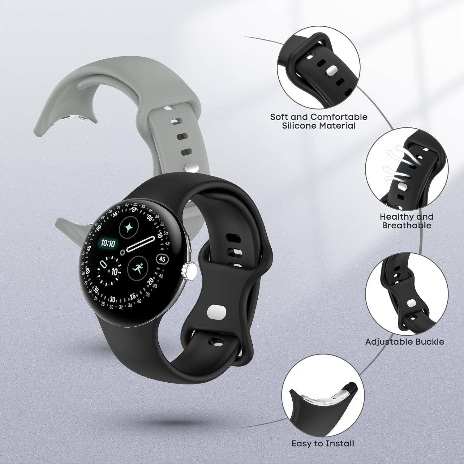 Senmore Pack of 6 Wristbands Compatible with Google Pixel Watch 3 45 Mm/Watch 4 45 Mm, Soft Silicone Sports Waterproof Adjustable Replacement Strap for Smartwatch. (No Hosts) image number 1