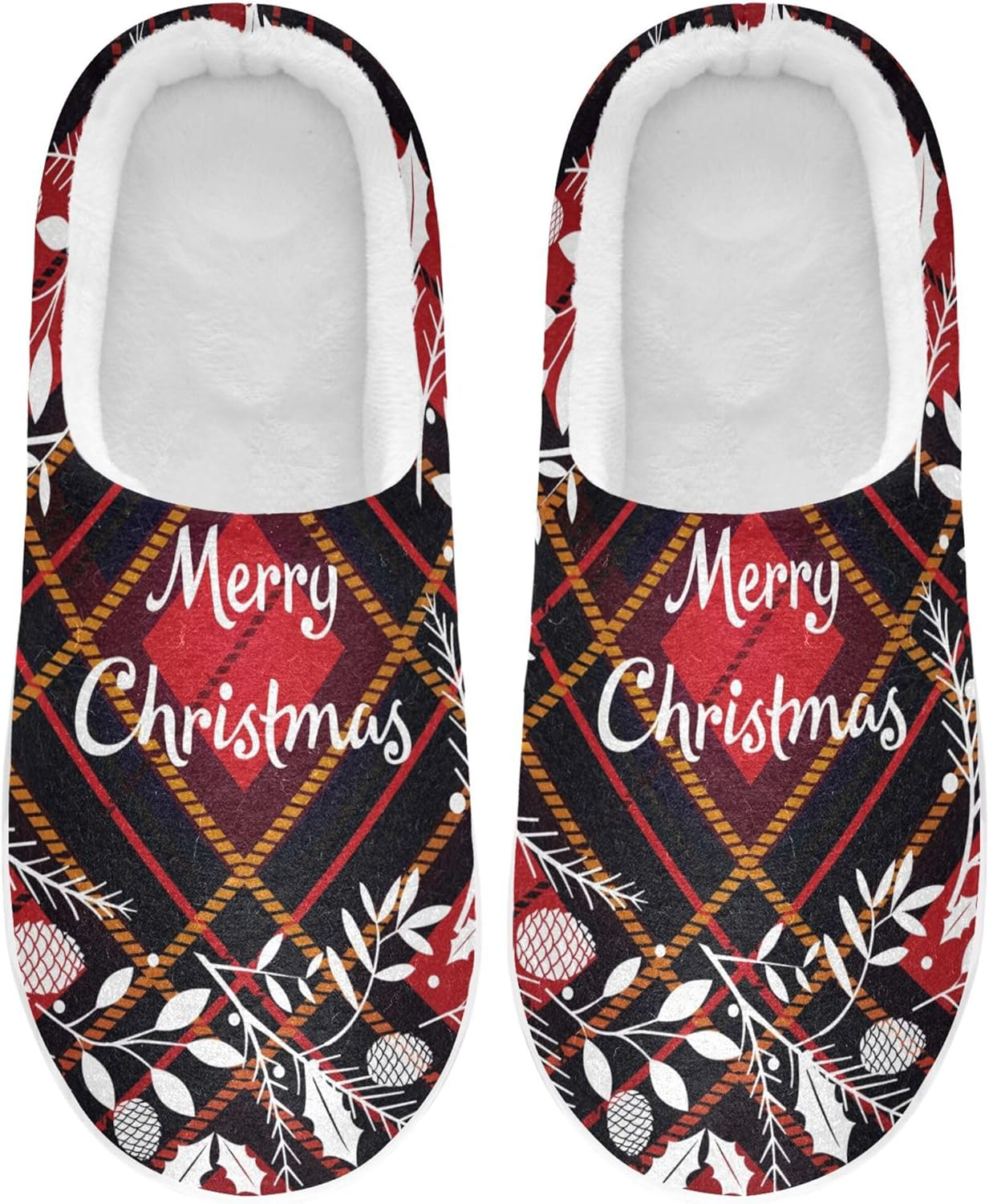 Caihoyu Memory Foam Slippers for Womens Mens Warm Plush Non-Slip Comfy Slippers Bedroom Home Office Travel Yoga 3XL Christmas Wreath Plaid Pattern, Color 6, 16-17 Women/13-14 Men image number 6