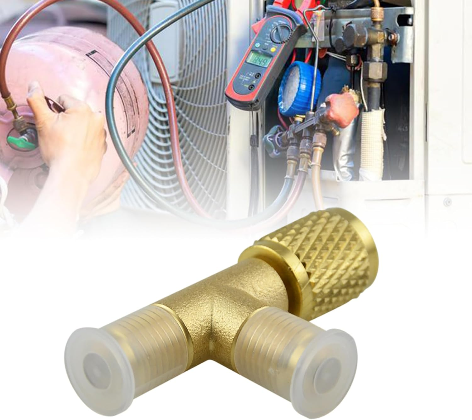 Quick Coupler Tee Adapter, 2 Pcs Brass Refrigerant Tee Adapter 1/4 Inch SAE Valves Core Tee Adapter Durable Air Conditioning Line Repair Tools for R22 R12 R134 Refrigerant Gauge Deep Vacuum Pump image number 5