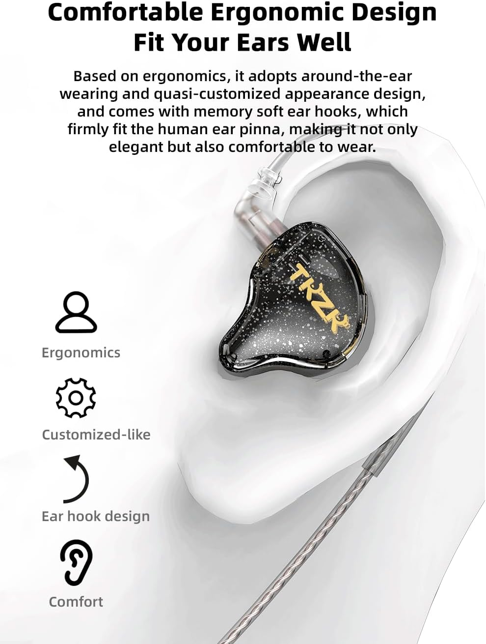 EZ EAR TKZK TK01 Hifi Entry Headphones with Dynamic Driver, Deep Bass In-Ear Monitor with Tesla DD, In-Ear Headphones with 2 Pin OFC Cable for Stage, Music, Pop, ACG (White, with Microphone) - Green image number 3