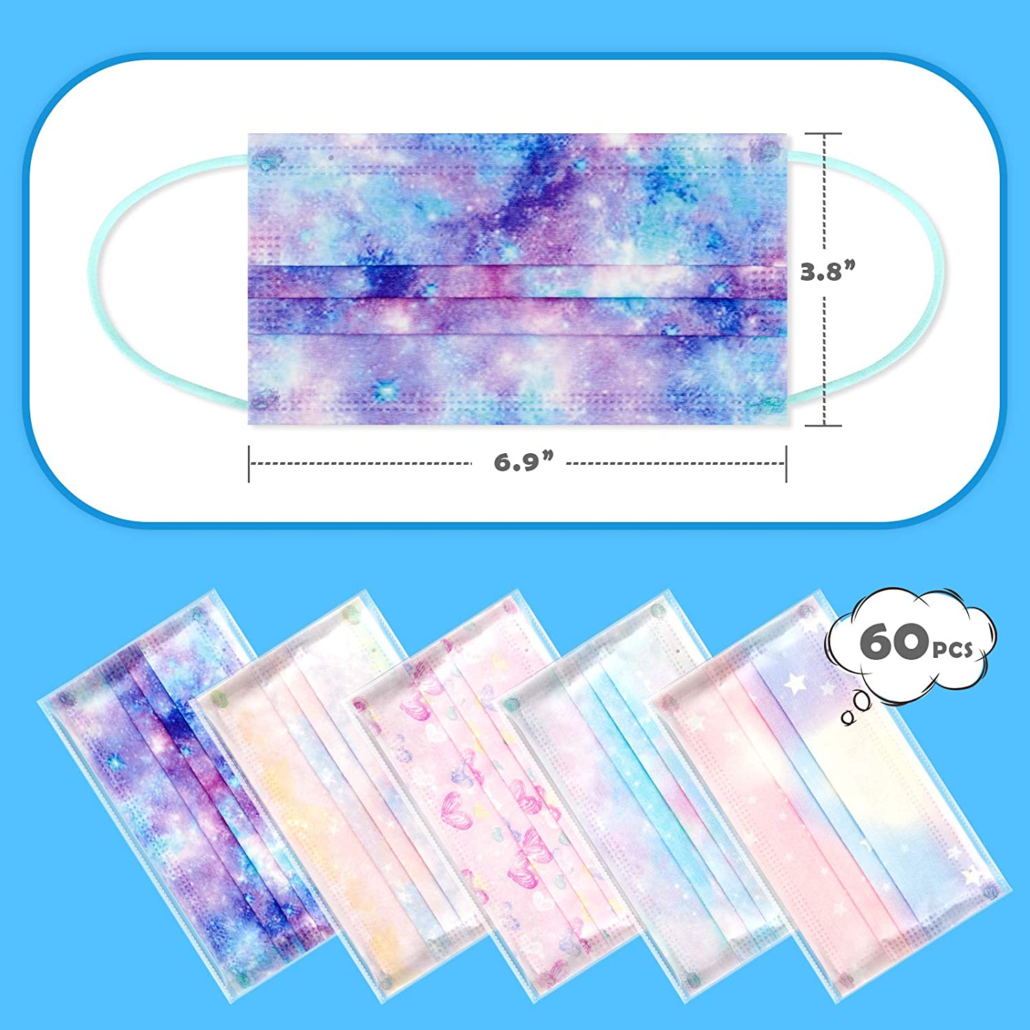 60PCS Women'S Disposable Protective Face Mask Adult Size Magic Rainbow Mesh Fantasy Universe Princess Gradient Colors Individually Wrapped 3-Layer Filter Comfort Fit Skin-Friendly Soft Elastic Earloop image number 1