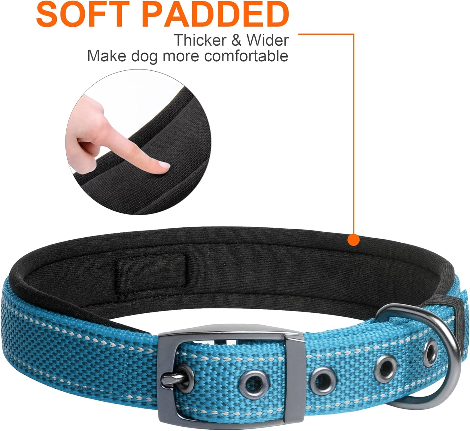 Fida Heavy Duty Dog Collar, Ultra Comfortable Soft Neoprene Padded, Adjustable Reflective Nylon Pet Collar with Durable Metal Belt Buckle for Medium Breeds (M, Blue) image number 5