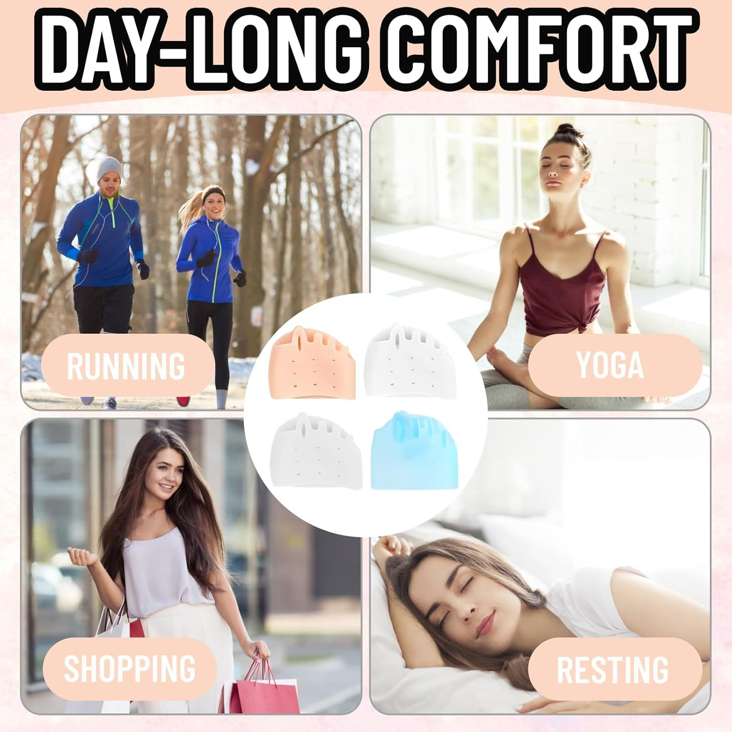 Toe Separators, Bunion Corrector Toe Spacers, 4 Pairs Gel Toe Separators for Women, Soft Comfortable Foot Cushions for Daily Walking, Yoga, High Heels, White, Transparent, Nude, Sky Blue image number 6