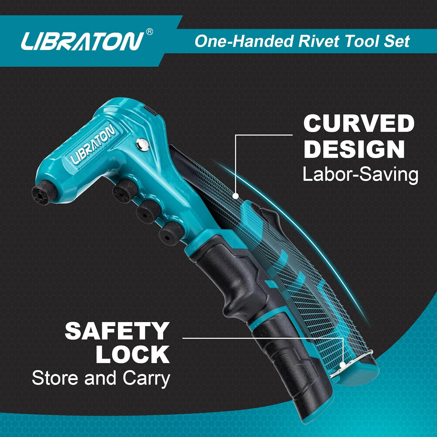 LIBRATON One-Handed Rivet Gun, Pop Rivet Gun Set, Professional Hand Riveter, Manual Riveting Tool with 200 Rivets for Metal, Includes 4 Drill Bits, 4 Tool-Free Interchangeable Heads, Storage Case image number 2