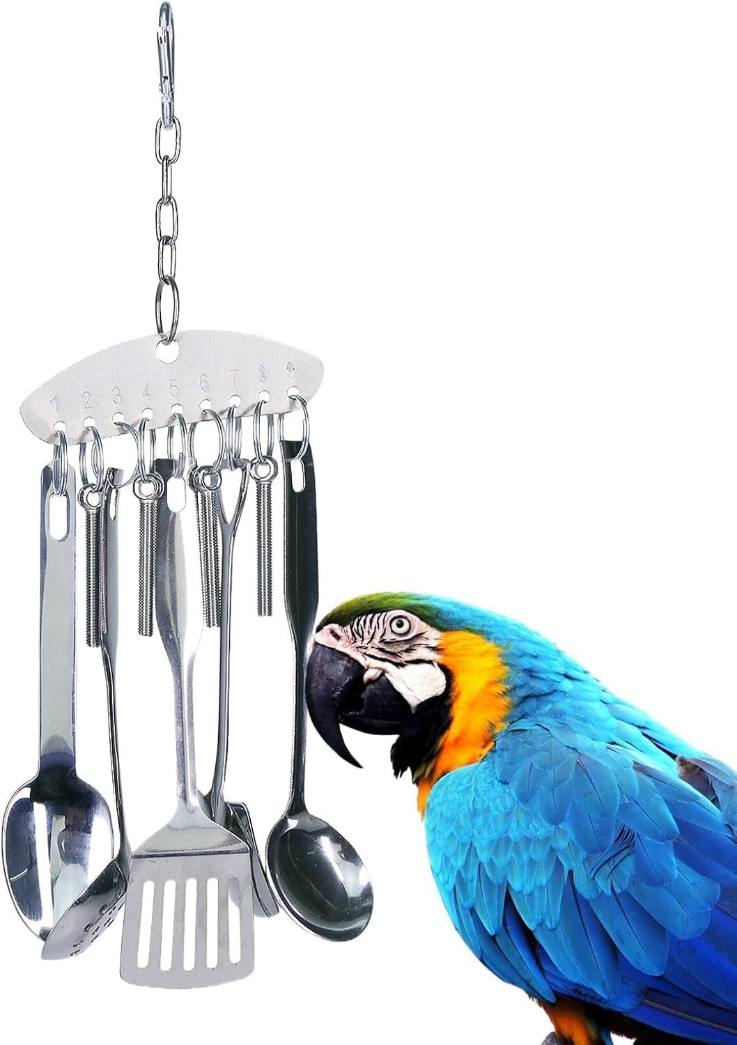 Yeanifeana Durable Stainless Steel Bird Chew Toy with Ring Bell - Parrot Chew Toy for Beak Conditioning and Entertainment, Safe and Fun Spoon Design for Small to Medium Birds (A)