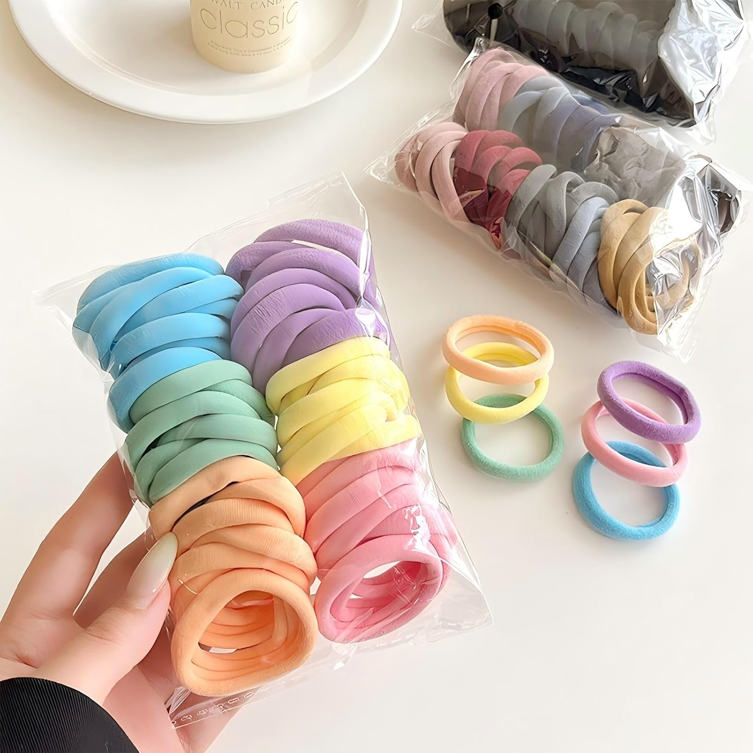 HIGHROCK Elastic Hair Bands, 50Pcs Thick Hair Elastic Ties, Ponytail Holders, 6Mm Hair Ties No Metal Hairbands for Women, Girls (Morandi) image number 5