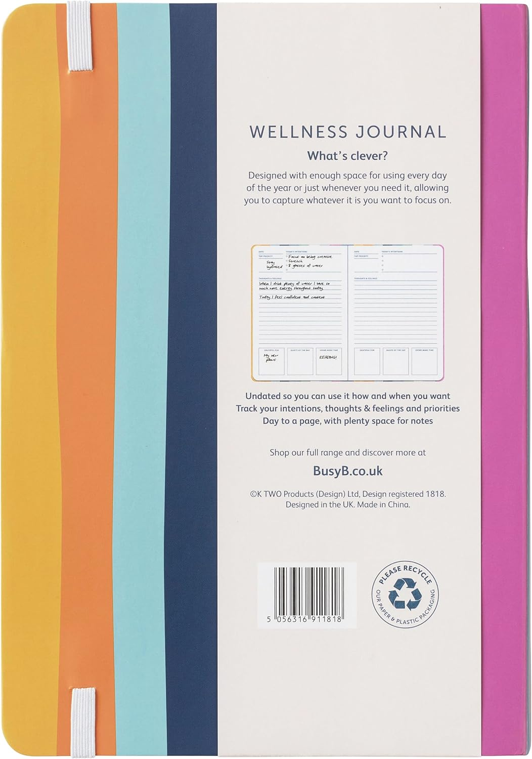 Busy B Wellness Journal - Stripe Cover - Compact Journal for Prioritising Self Care - A5 Undated Day a Page Layout, Space to Track Daily Priorities, Intentions, Thoughts, Notes & Elastic Closure Band image number 5