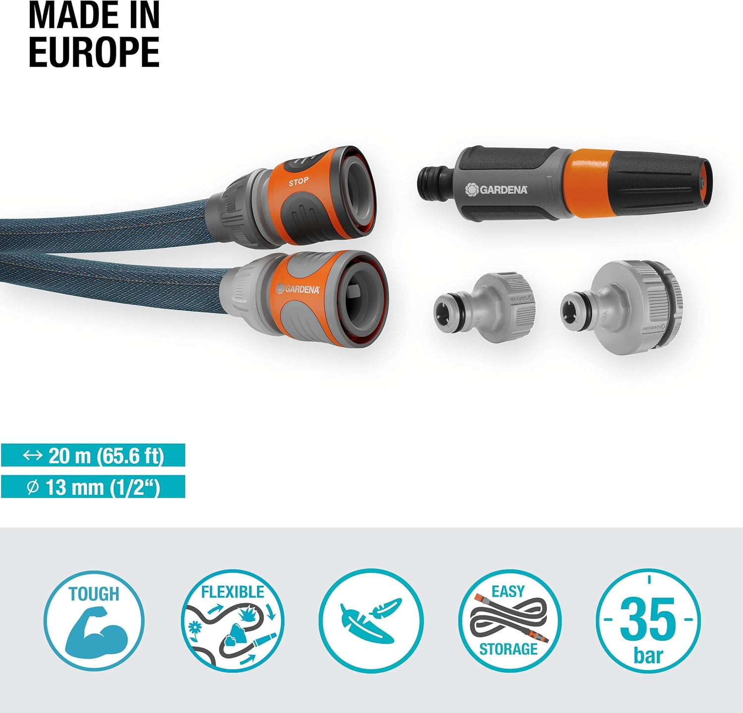 Gardena Liano Xtreme 1/2 Inch, 20M Set: Extremely Robust Textile Garden Hose, for Indoor Water Taps, with PVC Inner Tube, Lightweight, Weather-Resistant (18470-20) image number 2