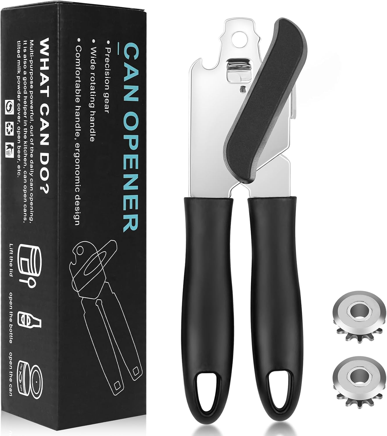 Vsshe Can Opener Manual, Stainless Steel Can Opener, Comfortable Grip, Non-Slip, with Multifunctional Bottle Openers Comes Soft Grip Sharp Cutting Blade, Arthritis-Friendly, for Seniors, Work, Kitchen