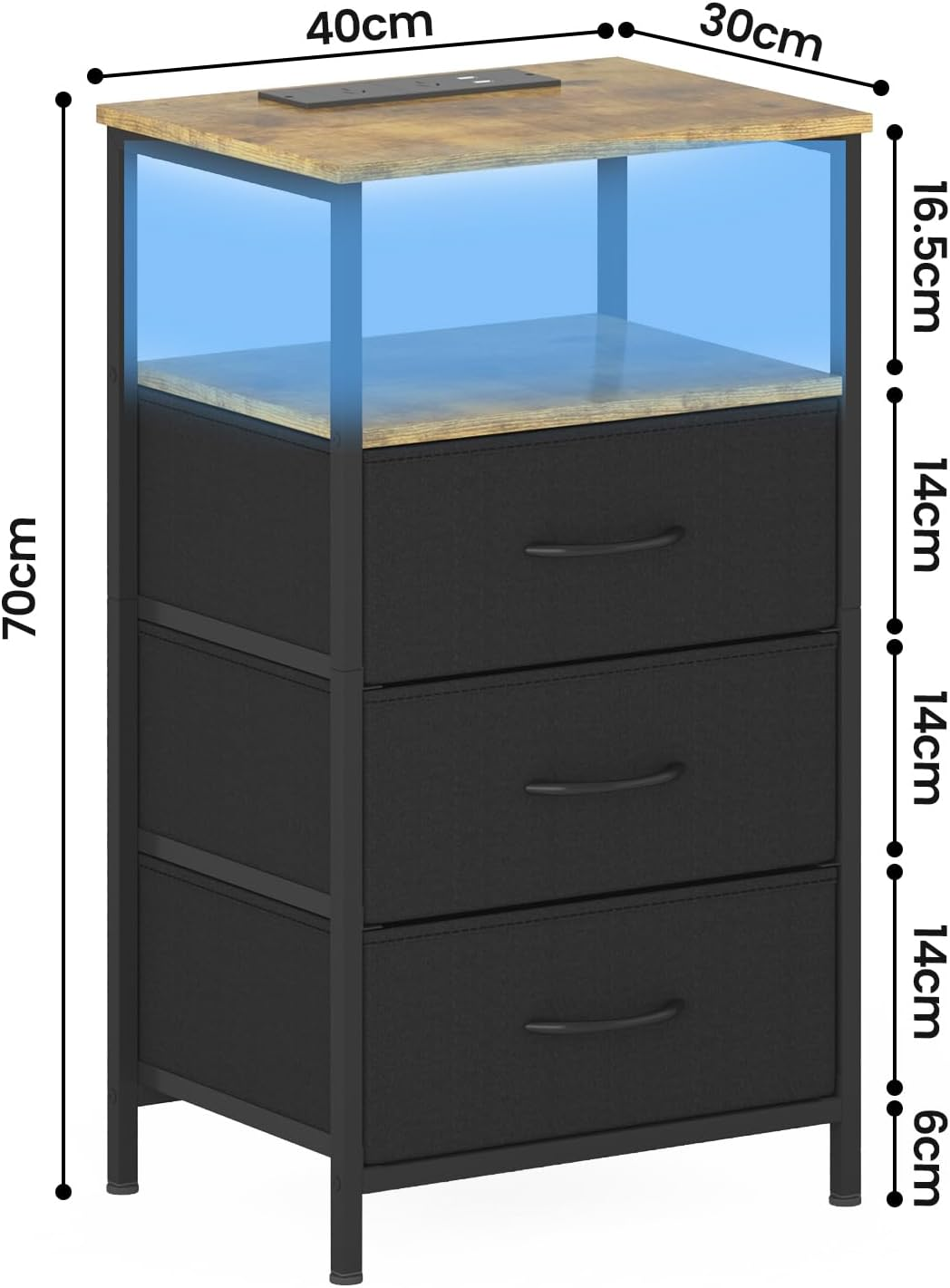 Ufurniture Nightstand with LED Light and Charging Station, Industrial End Table with 3 Fabric Drawers and Open Shelf, Bedside Table for Bedroom Living Room, Brown Top+Black Drawer image number 6