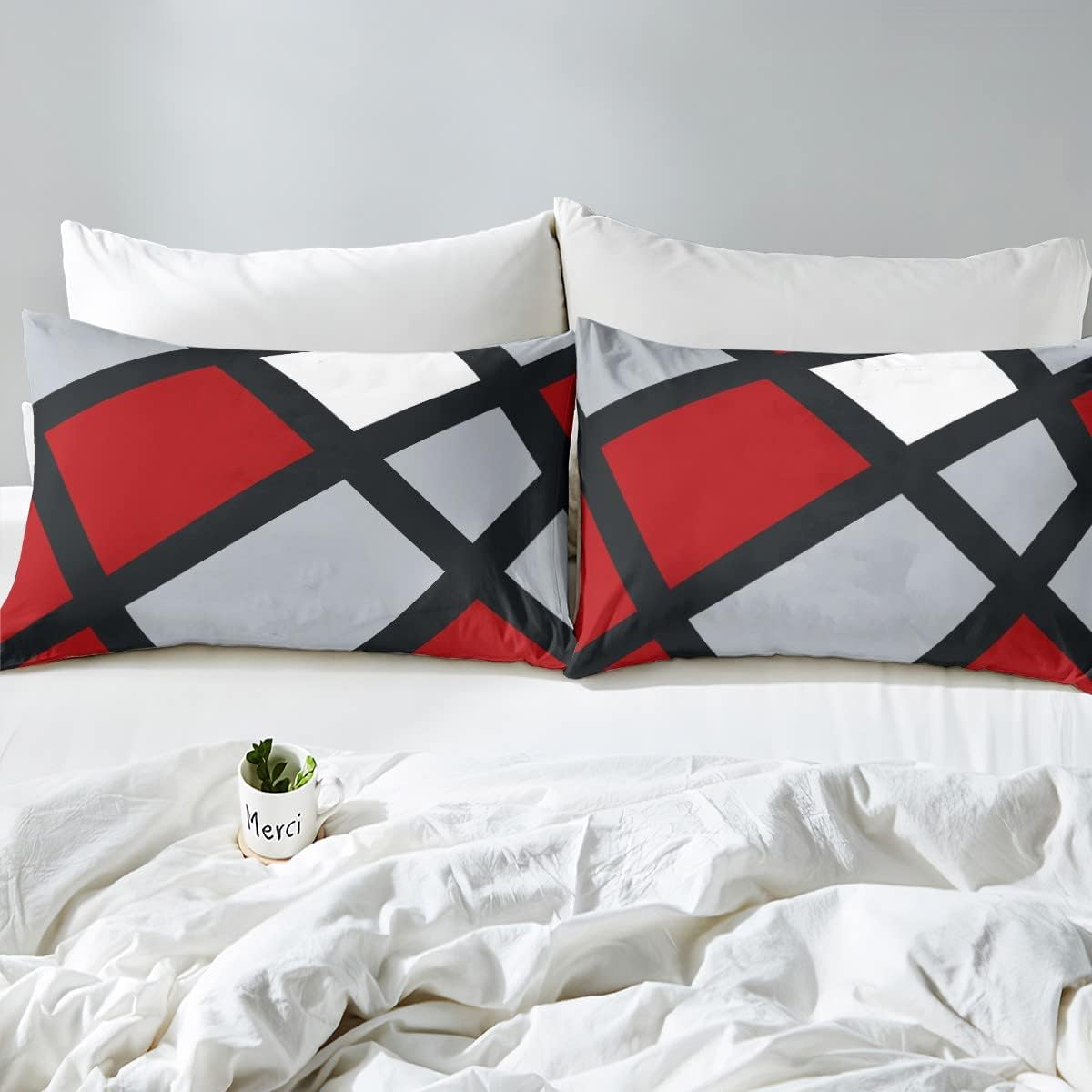 Red Grey Black Plaid Bedspread Quilt, 3D Abstract Geometric Bed Linen for All Season Bedroom, Black Stripes Lines 240 X 220 Cm Duvet Set with 2 Pillowcases for Boys Girls