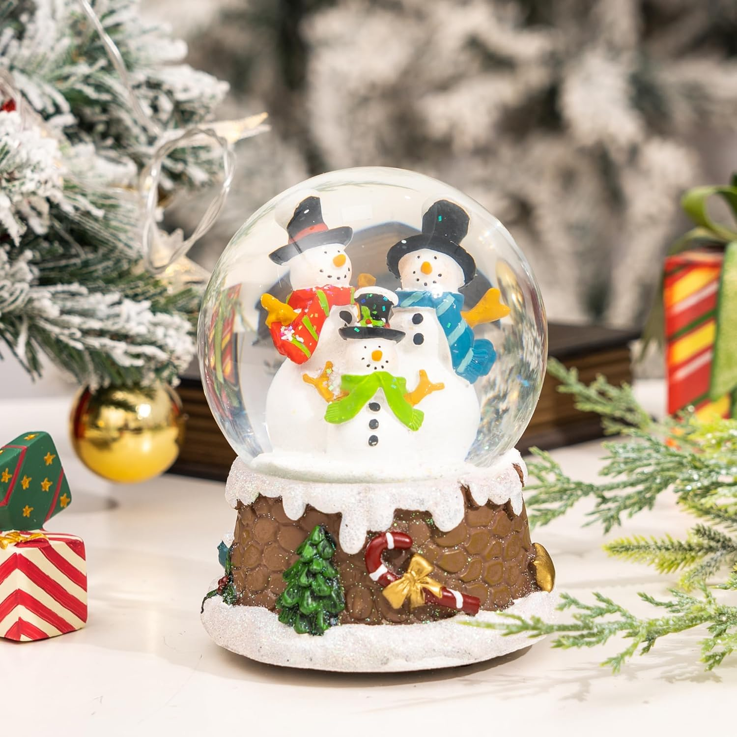 Snow Globes Glitter Water Globe Decoration Musical Snow Globes Decor Plays We Wish You a Merry Christmas, 100Mm, Three Snowmen image number 6